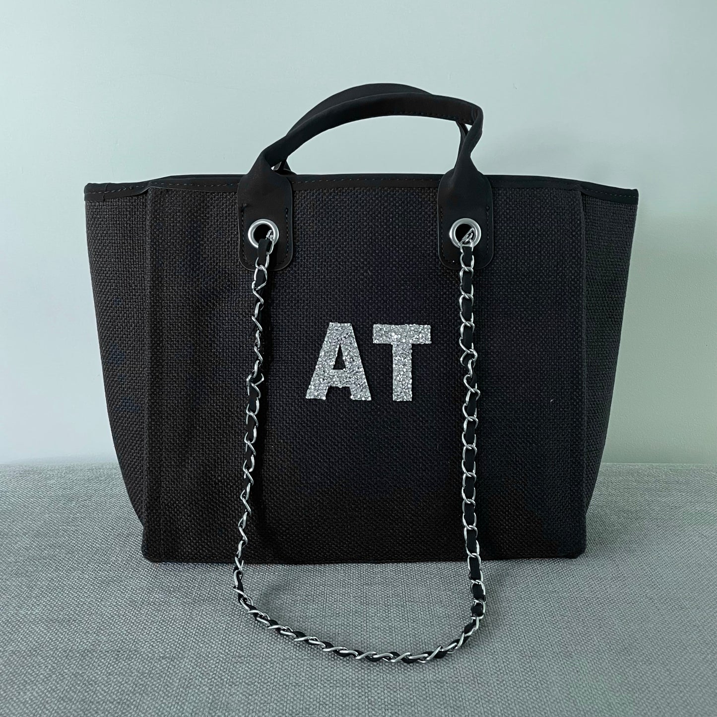 Personalised Silver Crystal Large Initial Chain Tote Bags