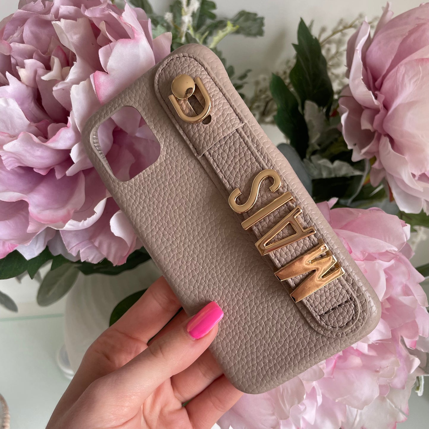 Personalised Faux Leather Name Holdall Strap Phone Case
