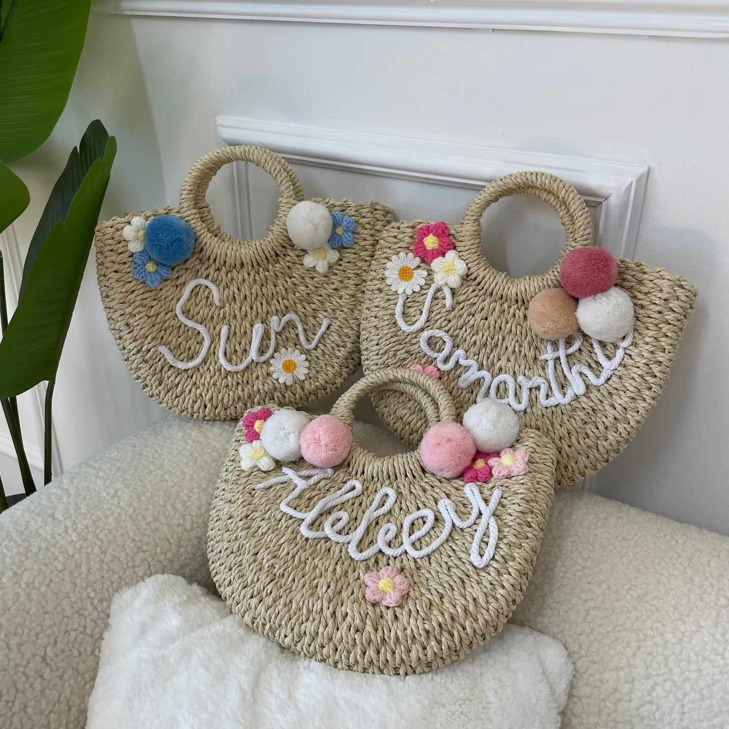 Personalised Large ADA Pom Pom Handle Straw Half Moon Basket Bag