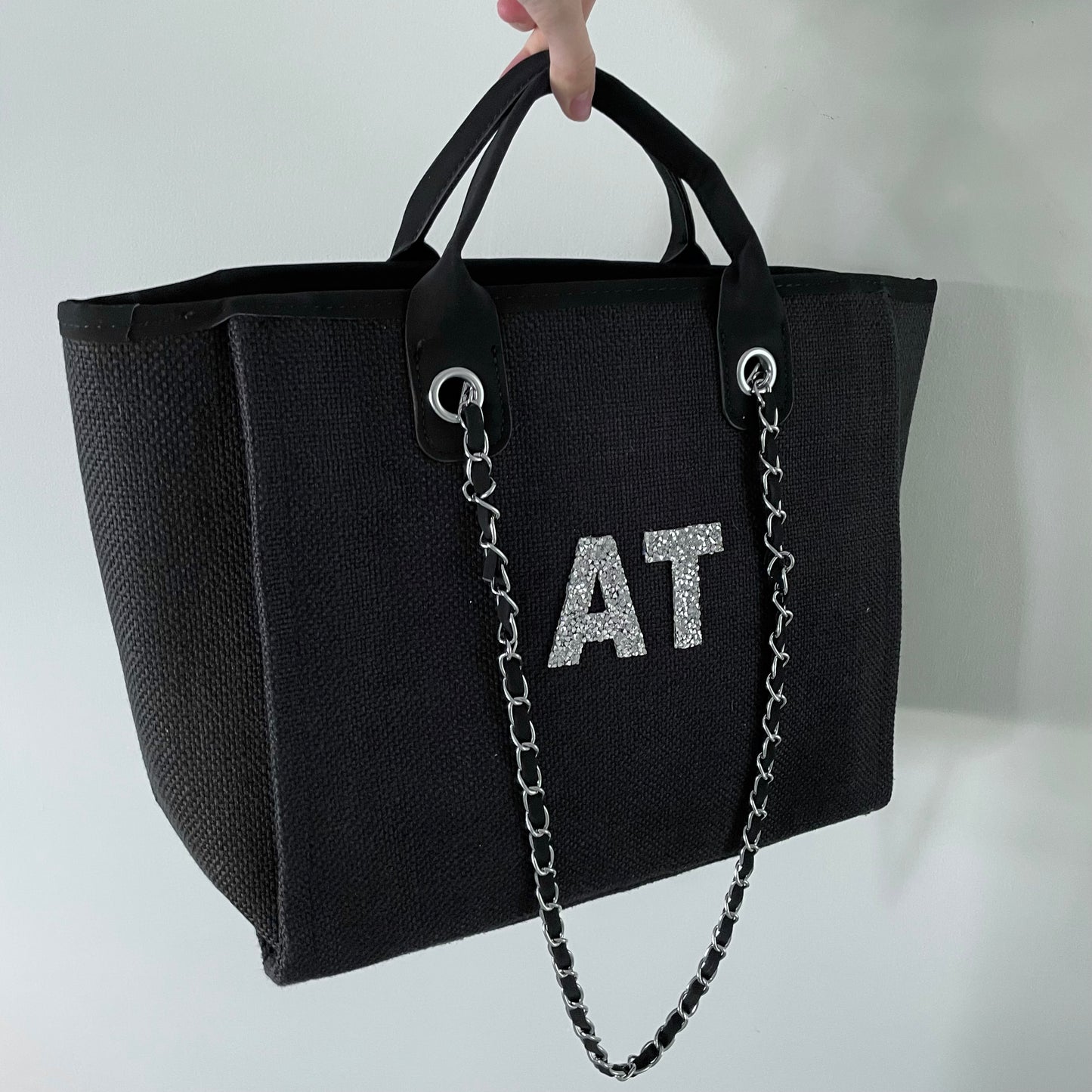 Personalised Silver Crystal Large Initial Chain Tote Bags