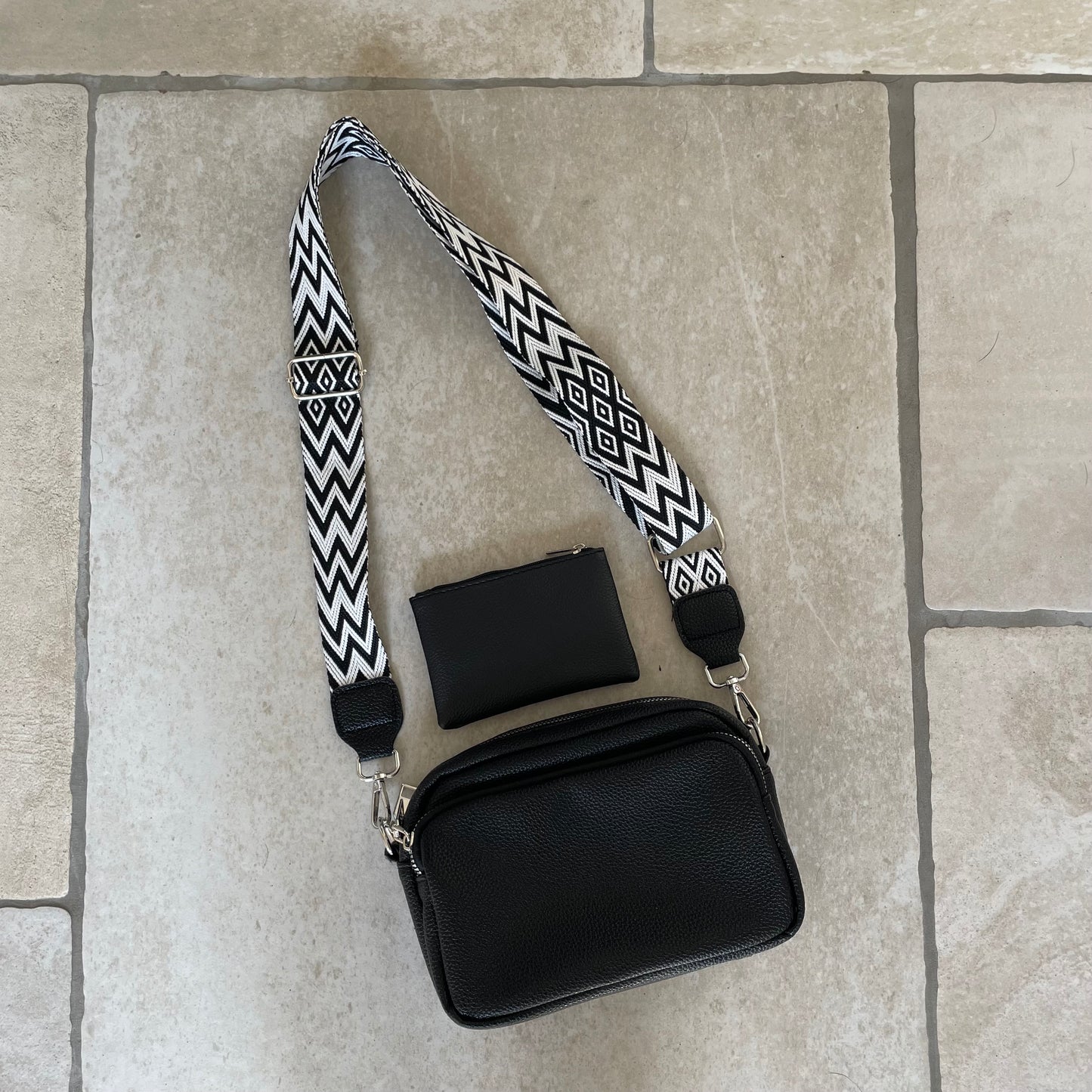Personalised Black Embossed Cross Body Bag & Coin Purse Set