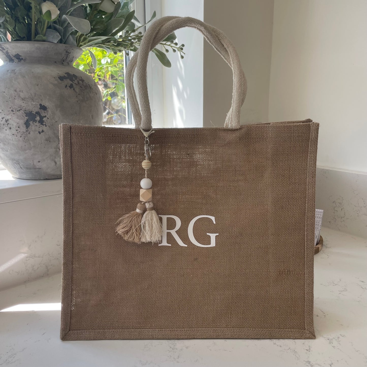 Personalised ESME Square Jute Tassel Shoulder Beach Shopper Tote Bag