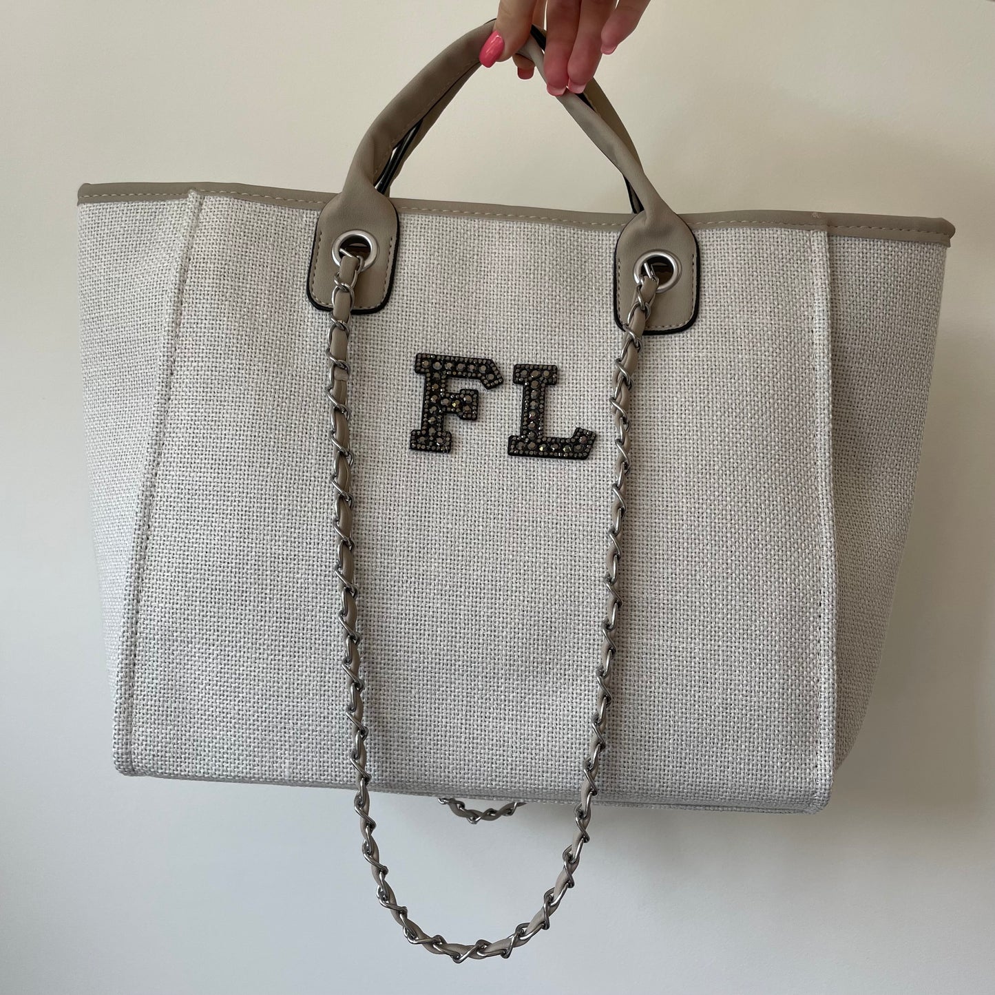 Personalised Matte Black Pearl Patch Chain Large Initial Tote Bags