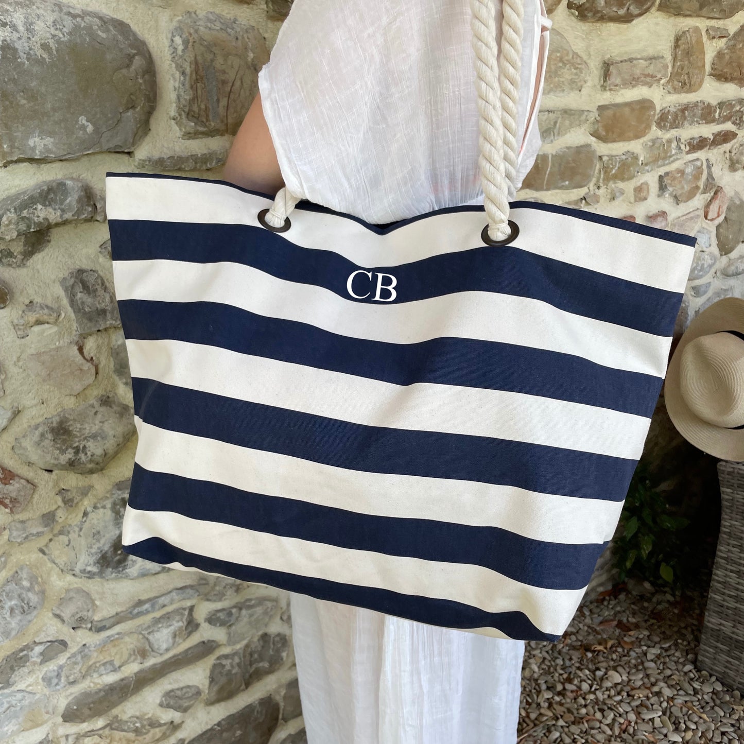 Personalised PALMA Rope Canvas Large Tote Beach Shoulder Bag