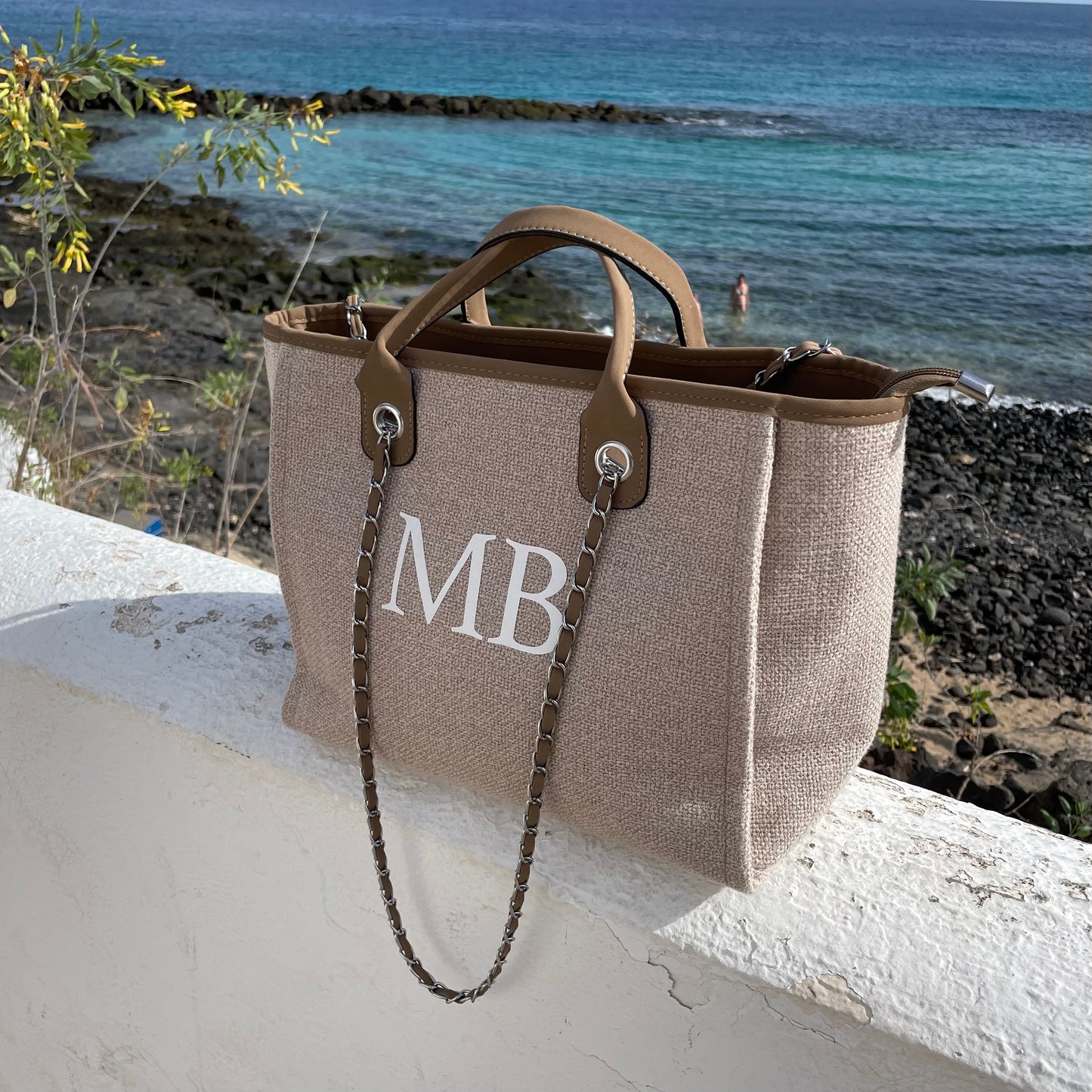 Personalised Beige & Brown Large Chain Initial Tote Bags