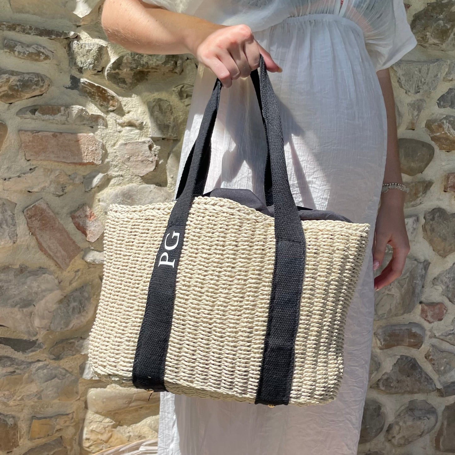 Personalised GRACE Straw Wicker Black Ribbon Drawstring Beach Bag