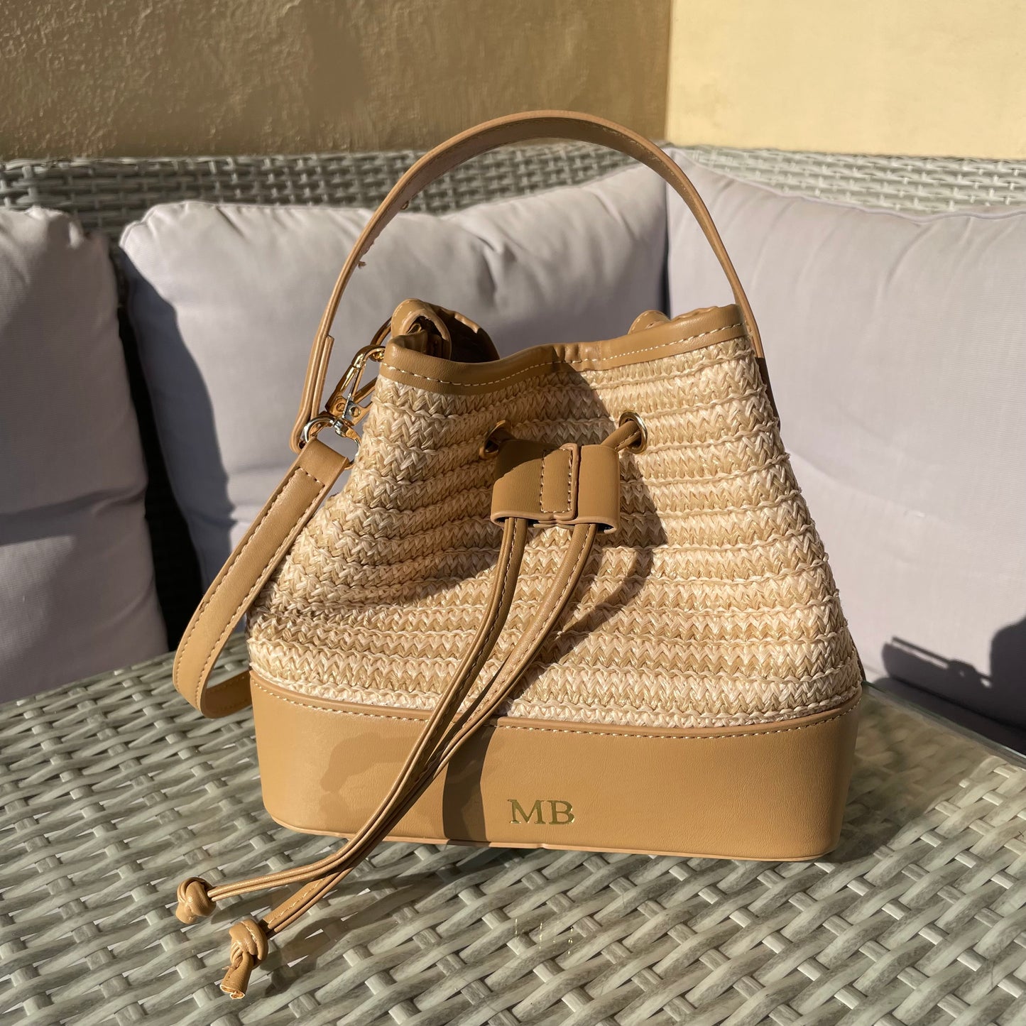 Personalised LEA Embossed Straw Drawstring Top Handle Bucket Bag