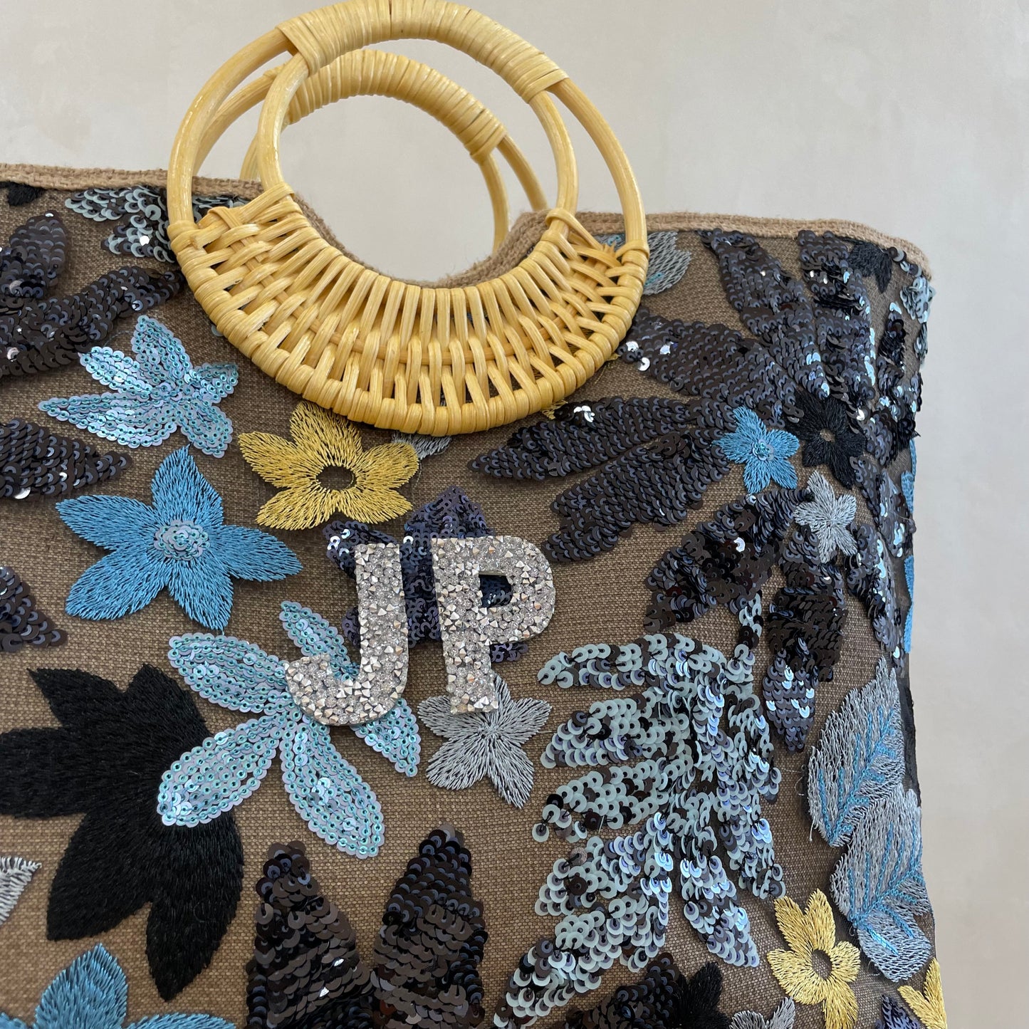 Personalised Sequin Straw Patch Tote Bag