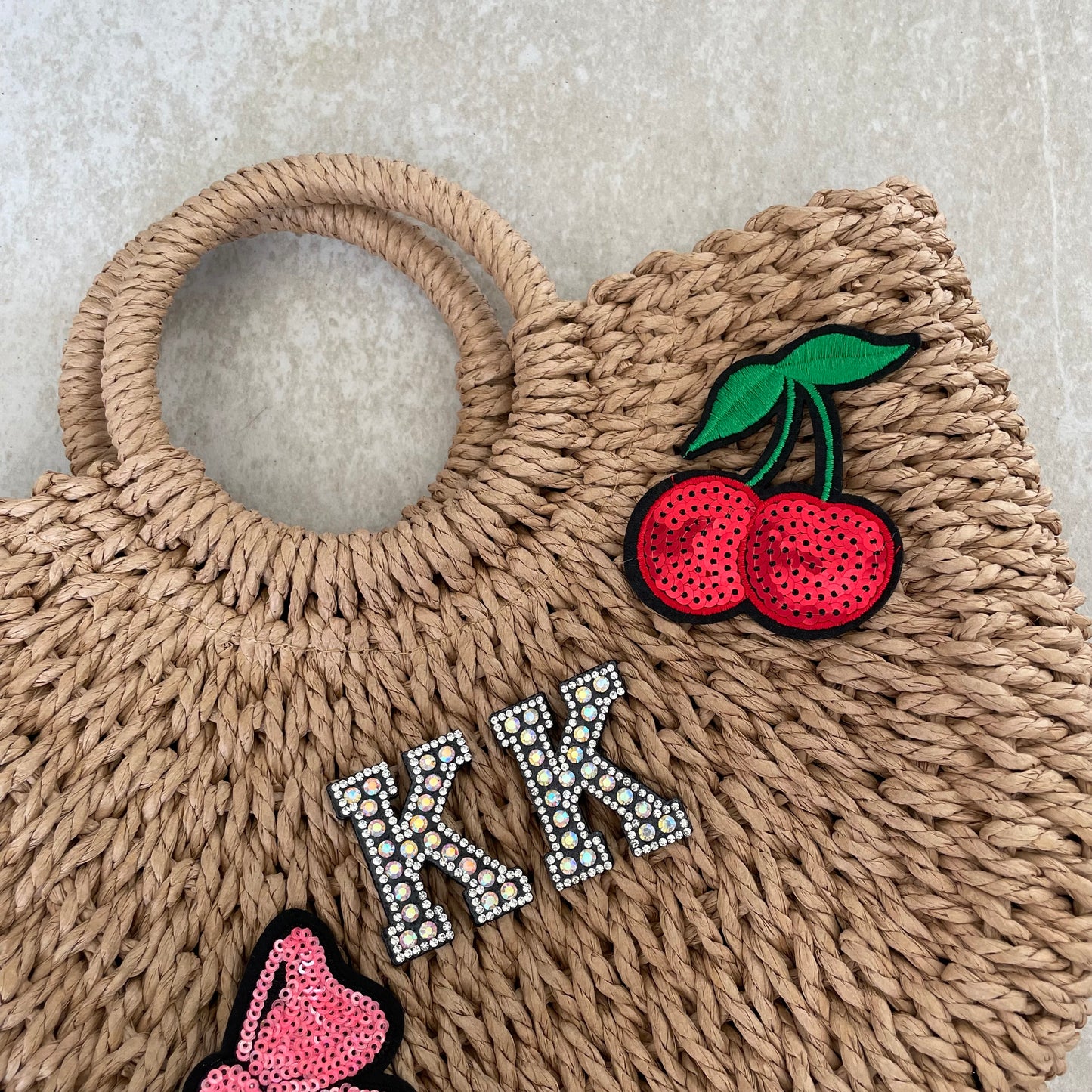Personalised ADA Bow & Cherry Straw Basket Bag