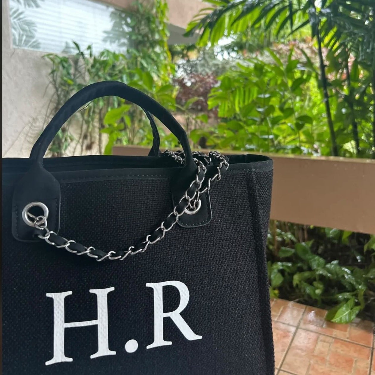 Personalised Plain Black Large Chain Initial Tote Bags