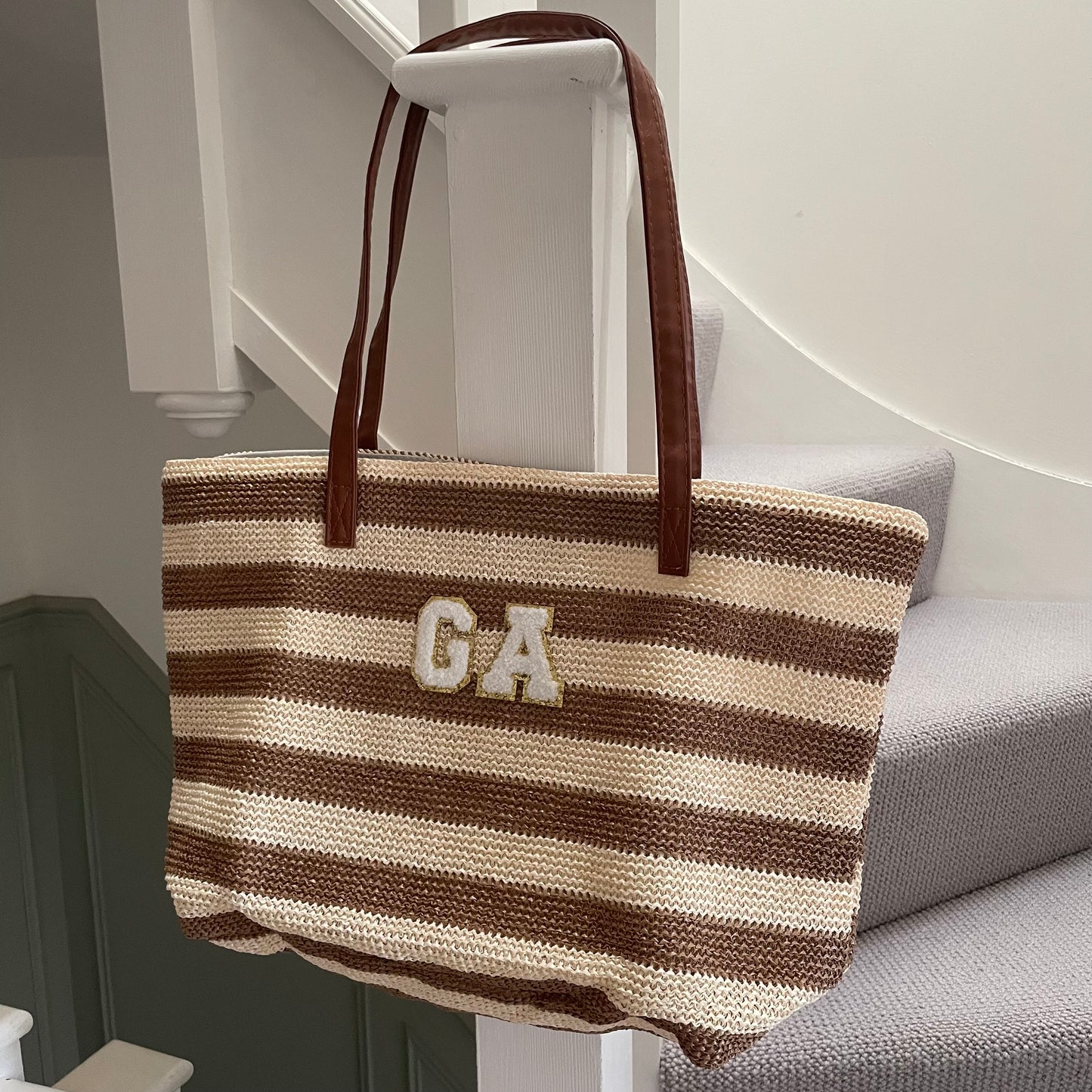 Personalised Patch Beige Brown Stripe Zip Tote Beach Bag