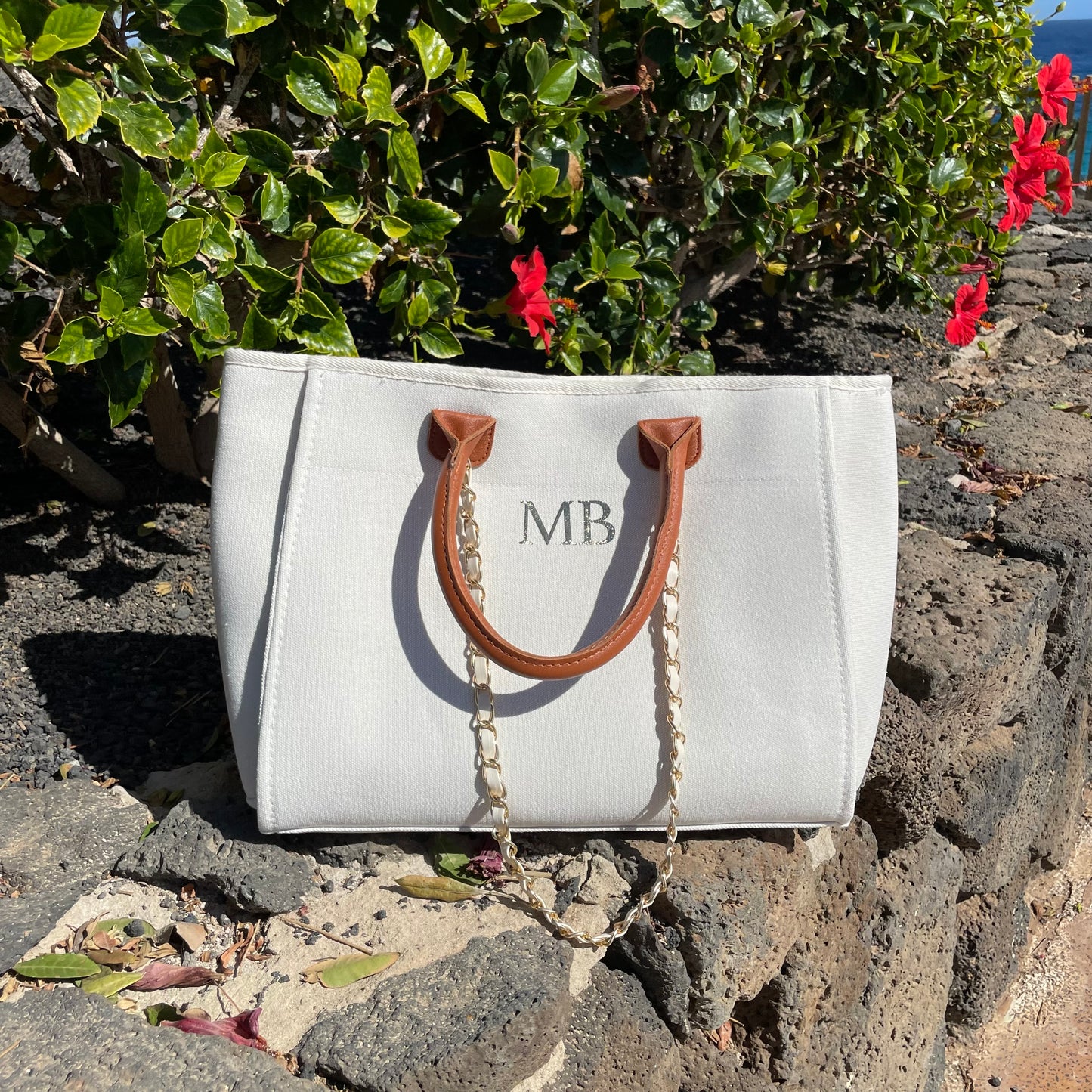 Personalised White & Brown Large Chain Initial Tote Bags