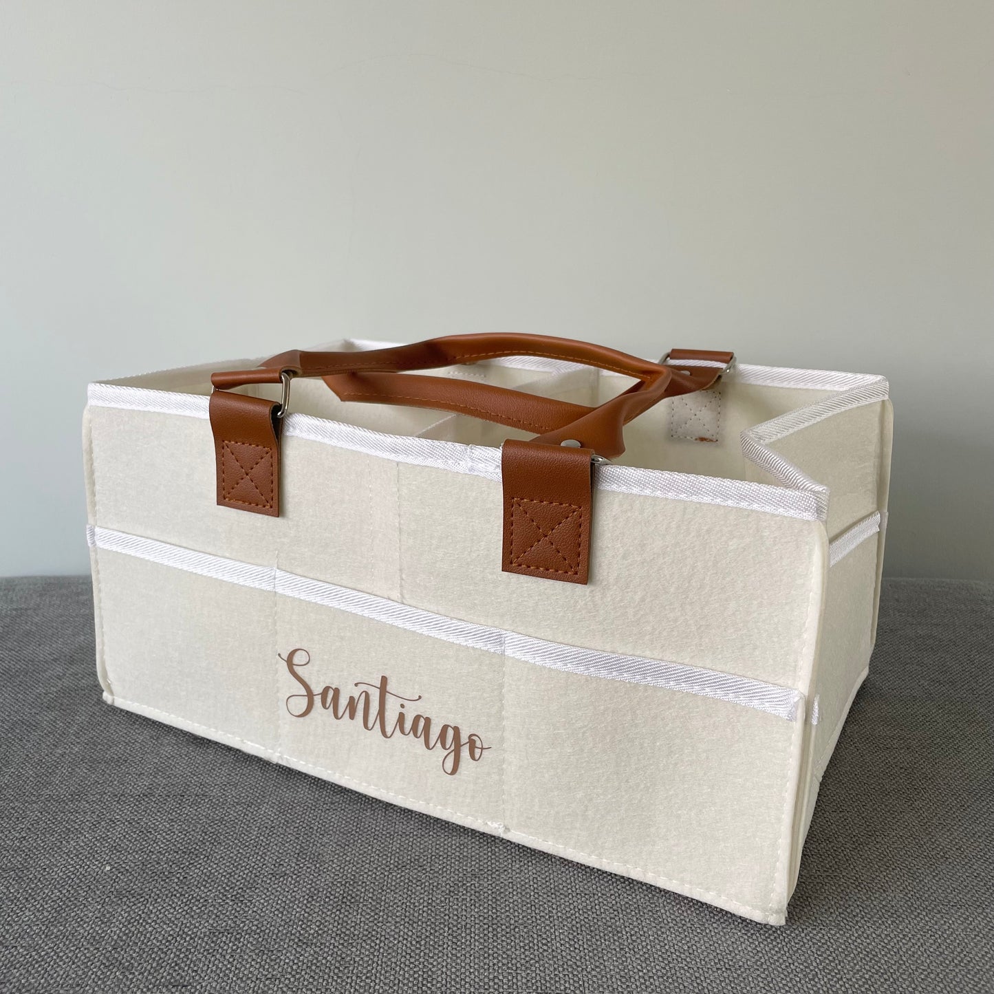 Personalised Felt With Brown Handles Nappy Changing Organiser Bag