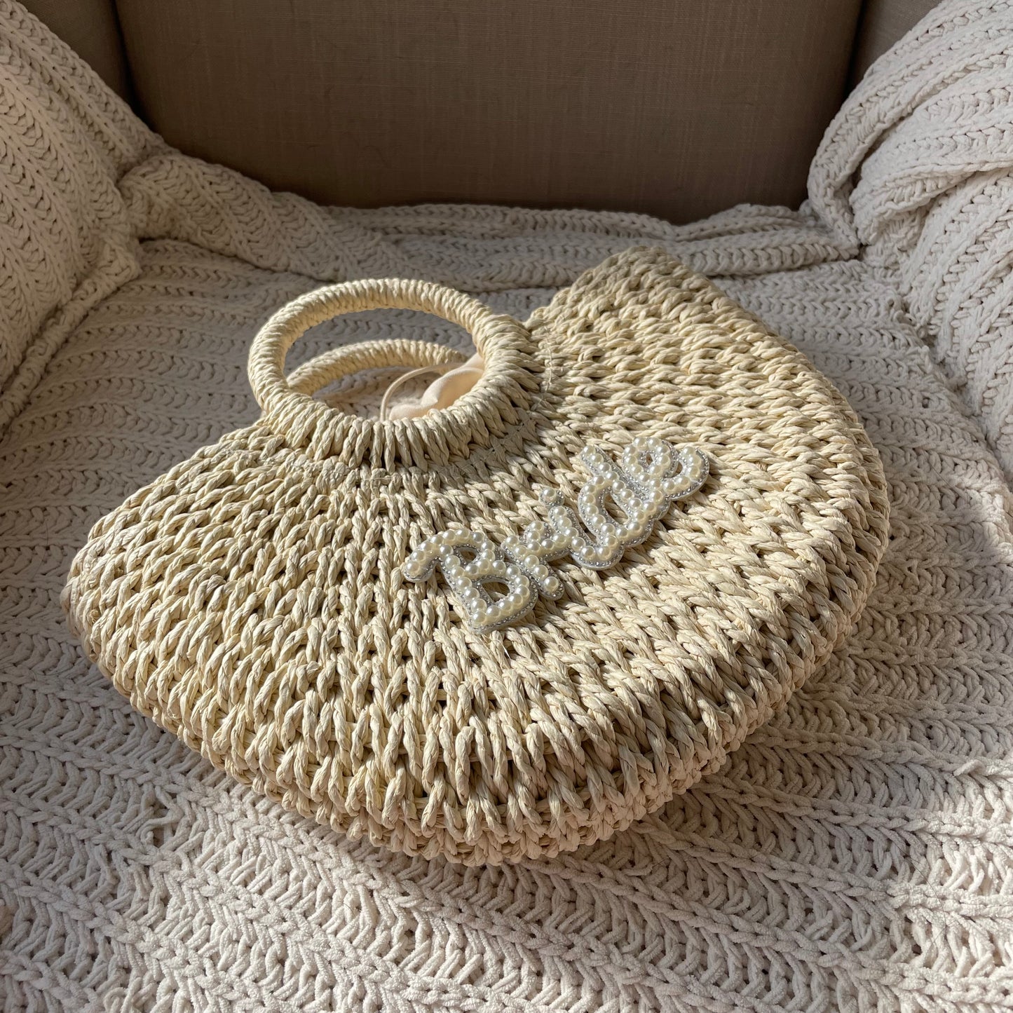 Large Bride Straw Handle Half Moon Semi Circle Basket Drawstring Bag