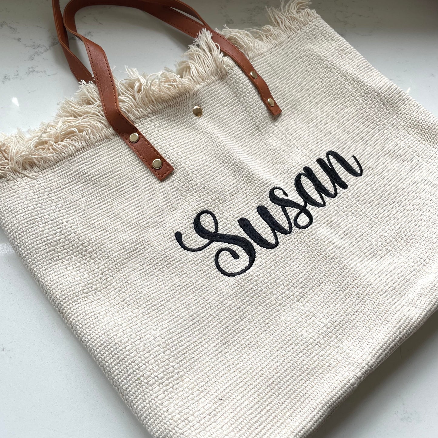 Personalised HETTY Embroidered Solid Colour Straw Fringe Shoulder Tote Beach Bag