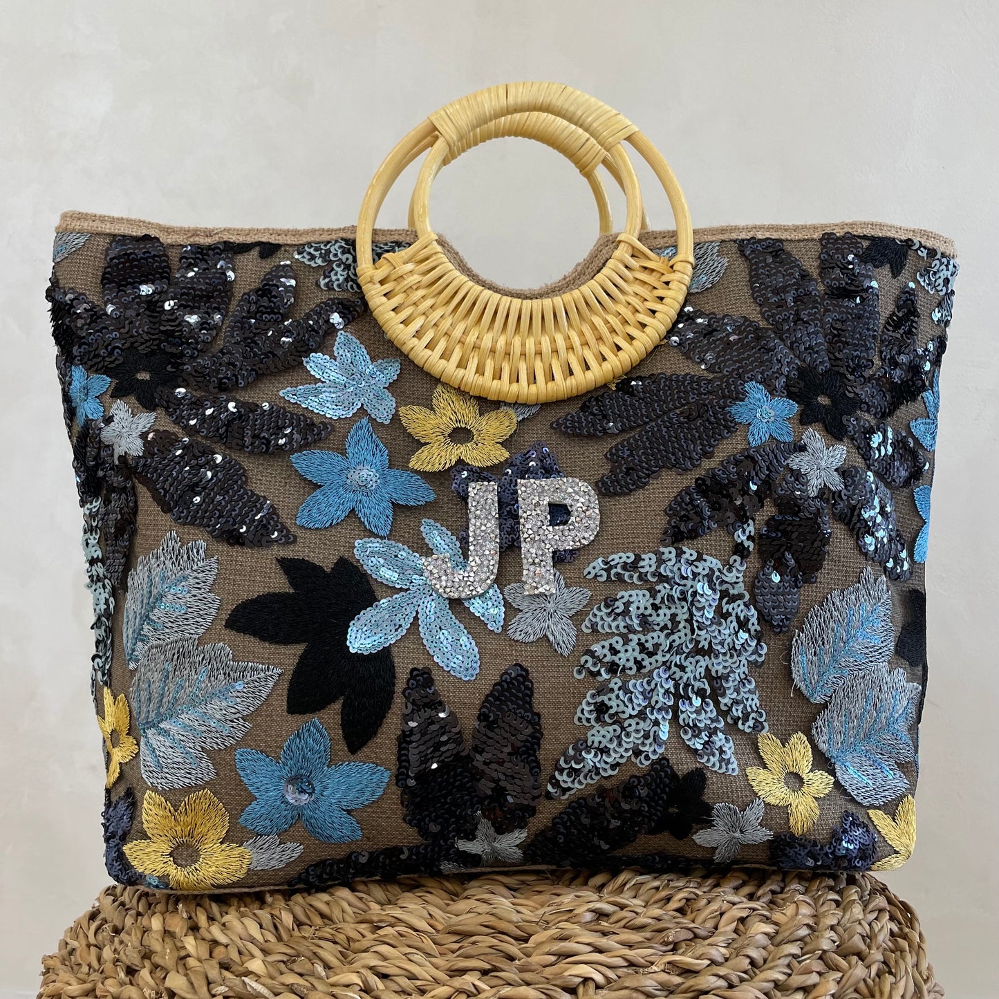 Personalised Sequin Straw Patch Tote Bag