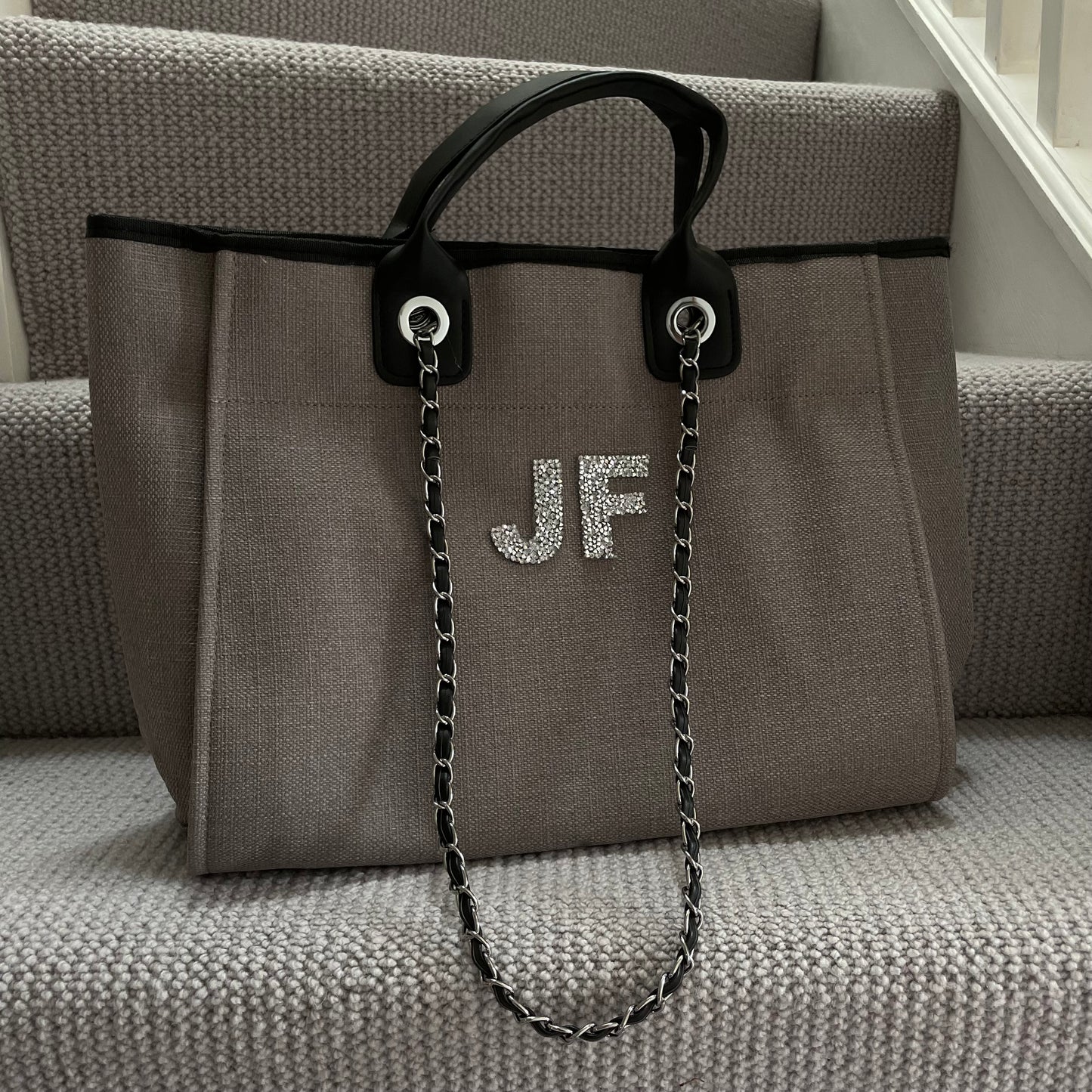 Personalised Silver Crystal Large Initial Chain Tote Bags