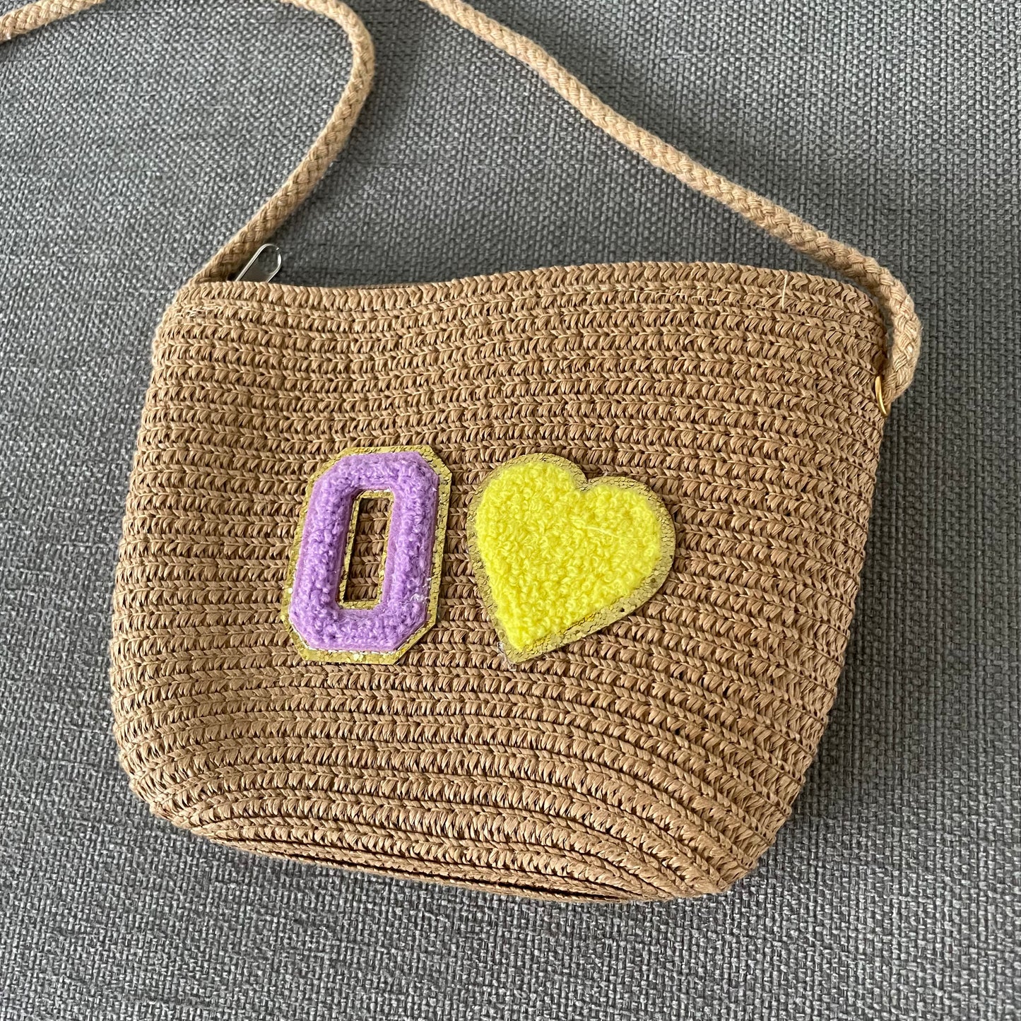 Personalised Childrens Patch Heart Straw Cross Body Bag