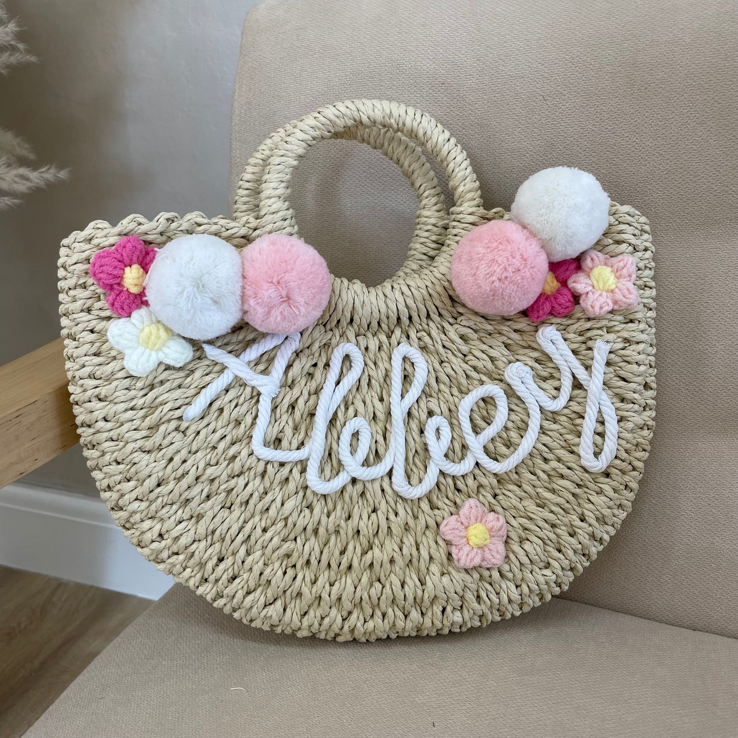 Personalised Large ADA Pom Pom Handle Straw Half Moon Basket Bag