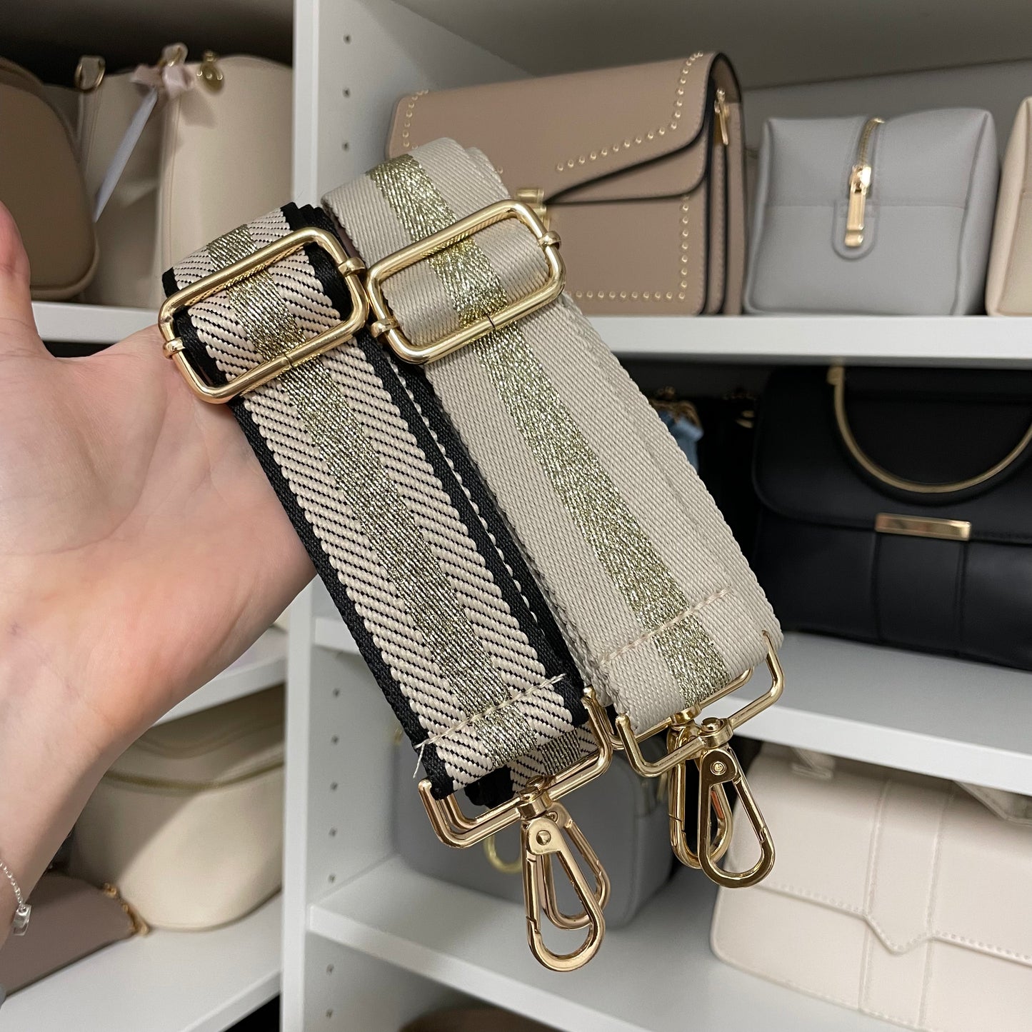 Champagne Stripe Gold Hardware Bag Straps