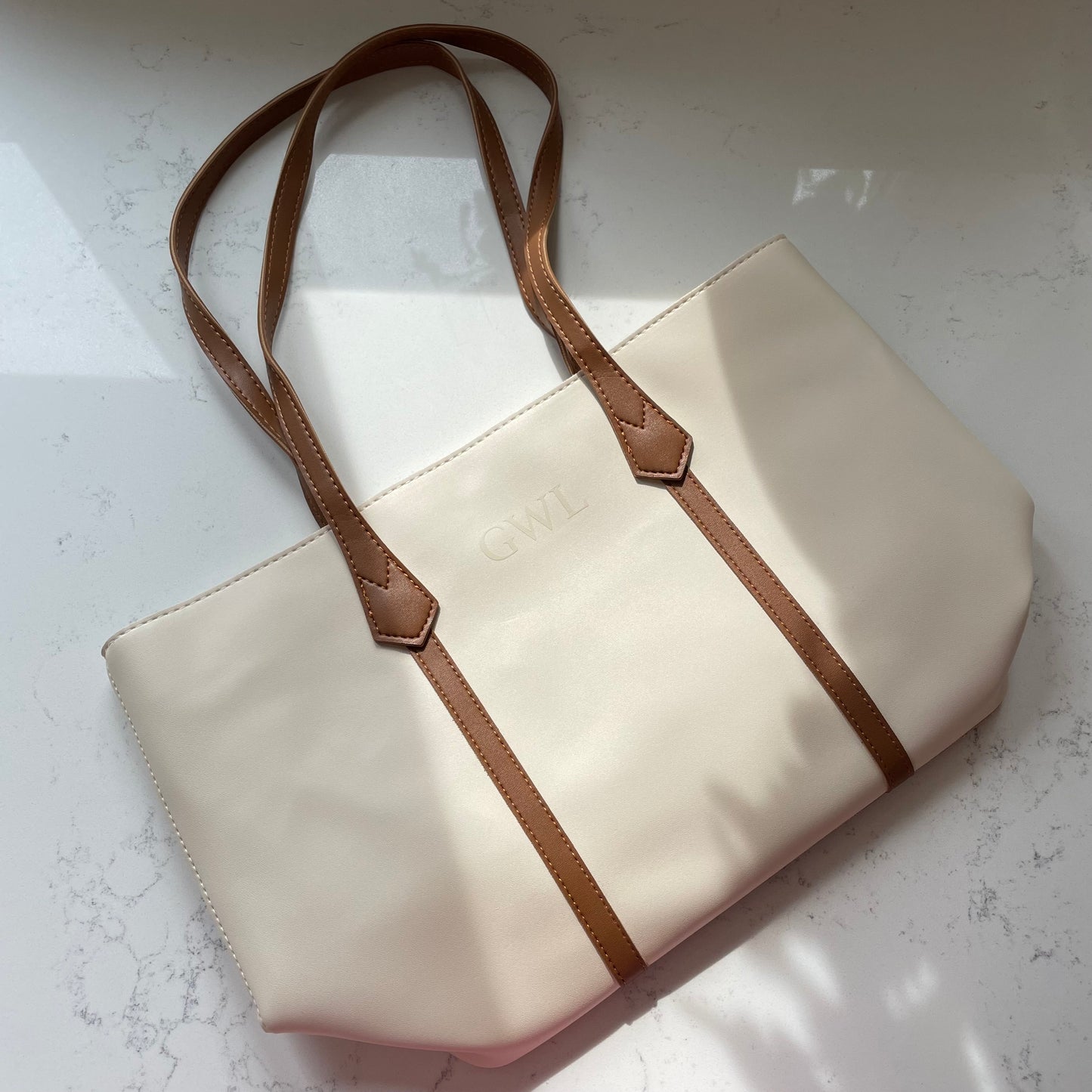 Personalised LAUREN Embossed Zipped Faux Leather Ribbon Tote Bag