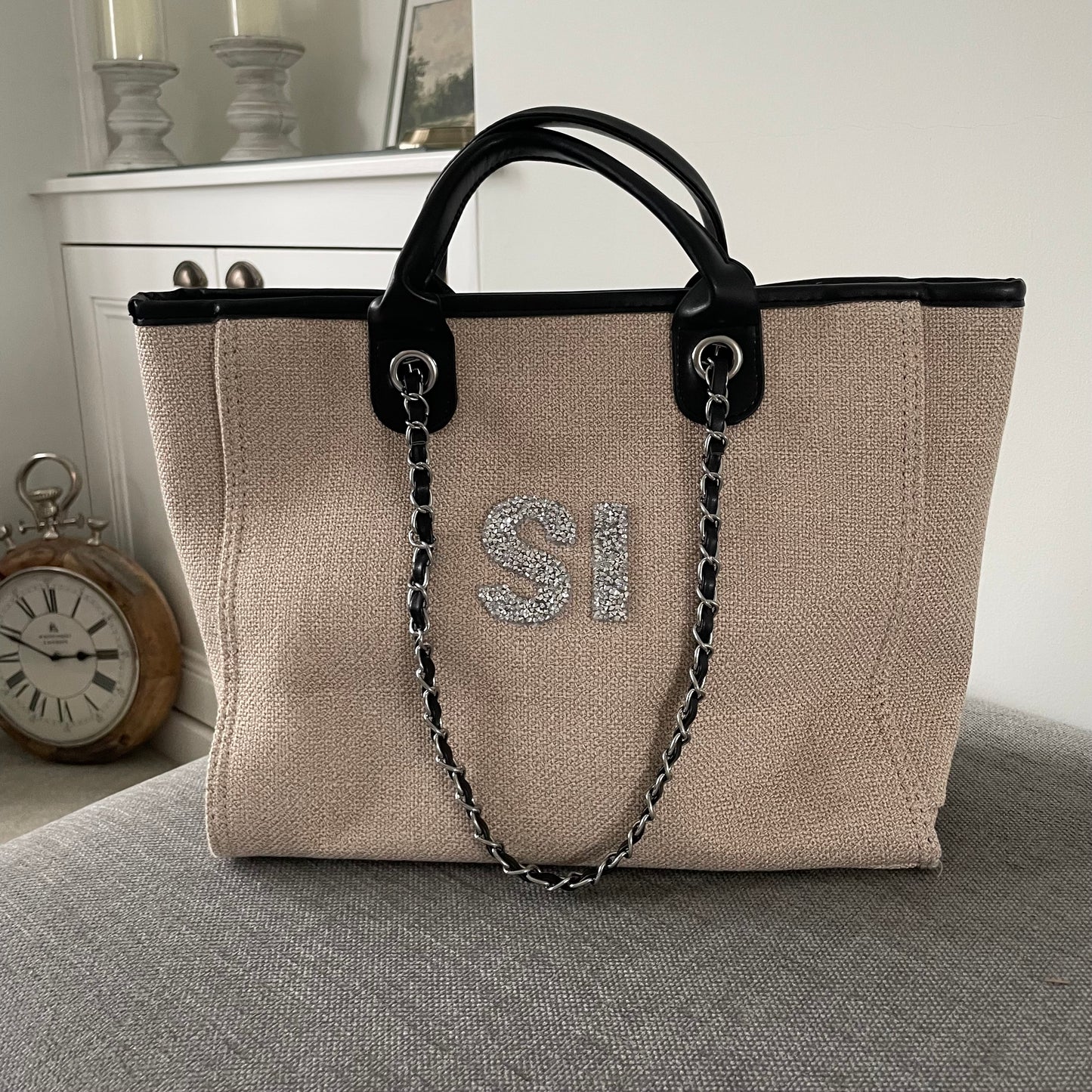 Personalised Silver Crystal Large Initial Chain Tote Bags