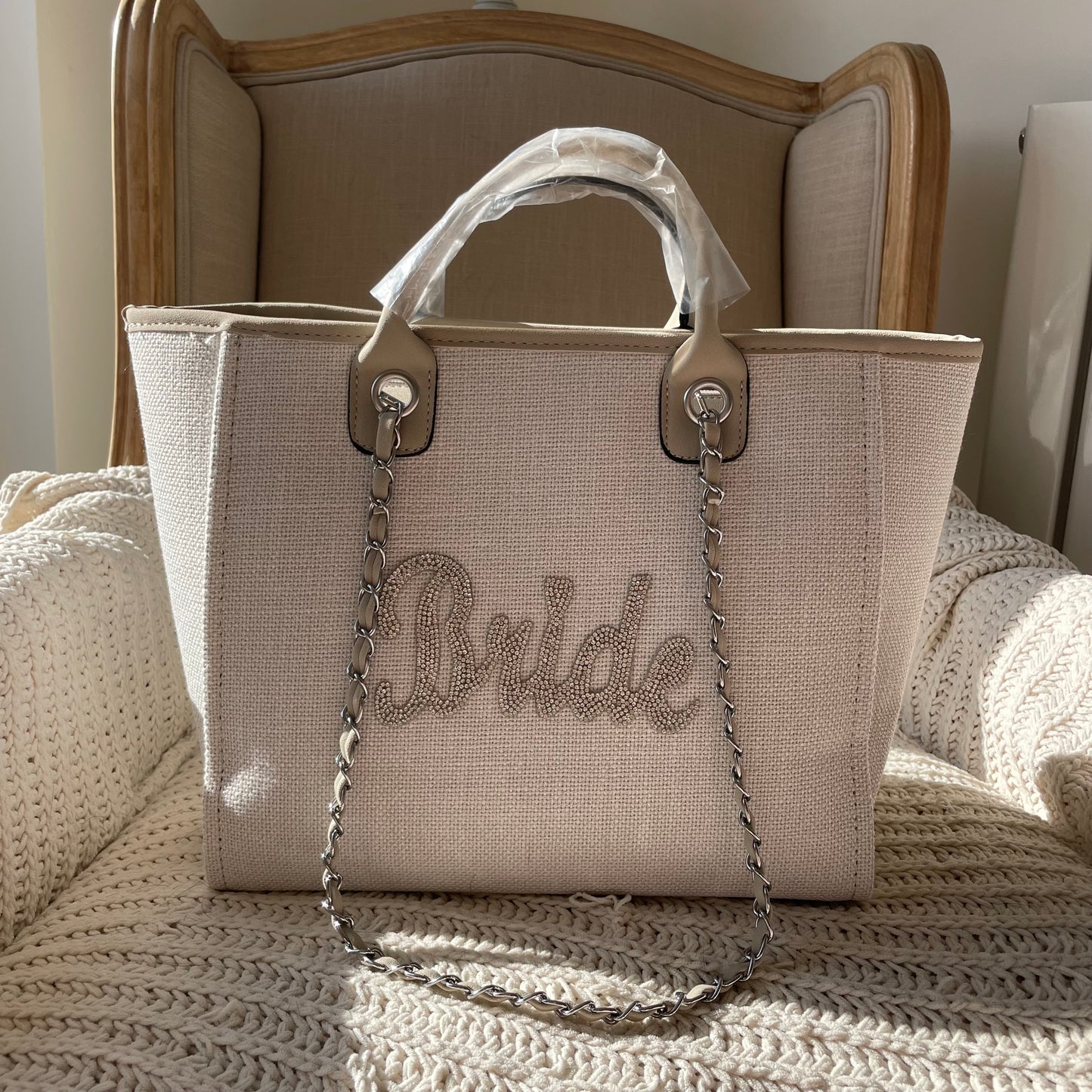 Bride Stone Large Chain Initial Tote Bags