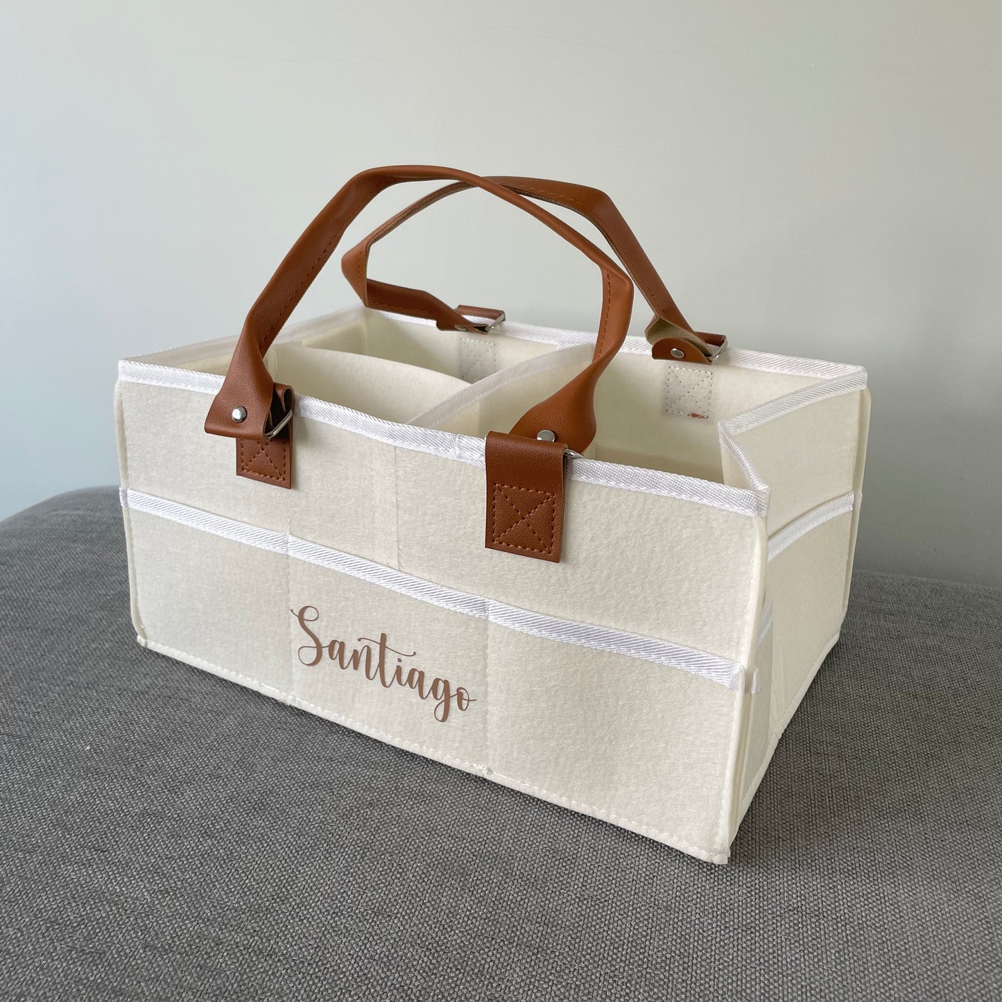Personalised Felt With Brown Handles Nappy Changing Organiser Bag