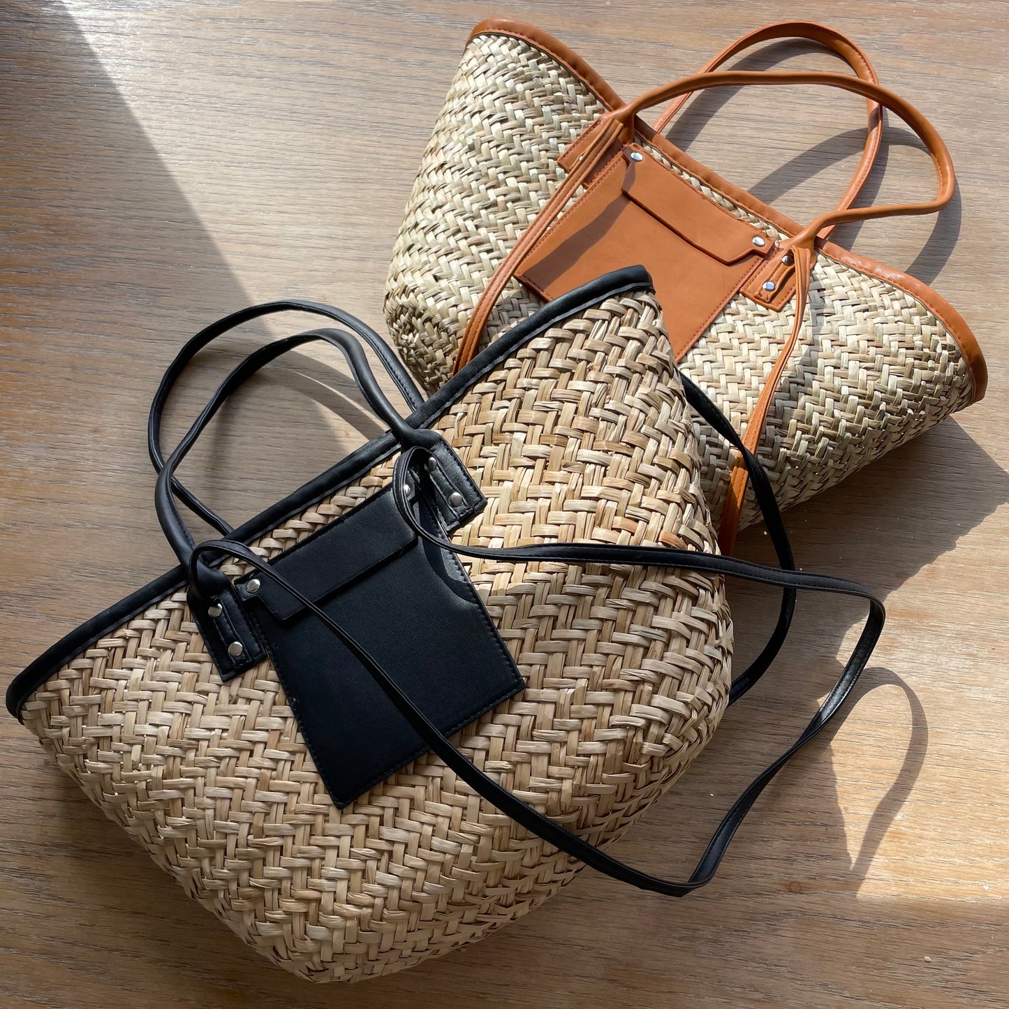 Personalised HARPER Embossed Basket Straw & Faux Leather Tote Beach Bag