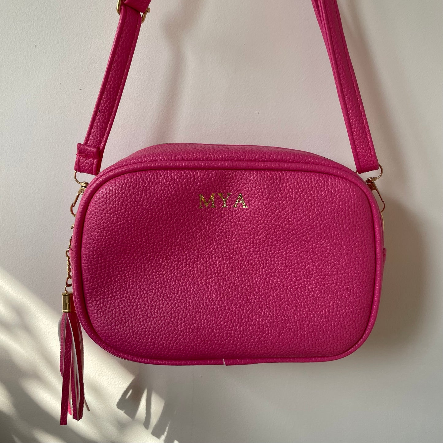 Personalised MAE Embossed Faux Leather Tassel 2 Strap Cross Body Bag