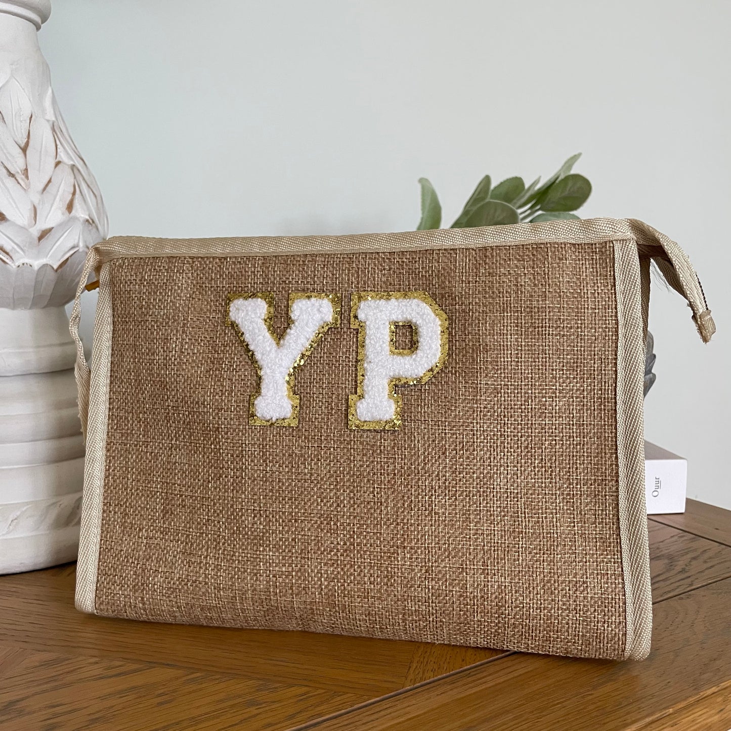 Personalised Patch Canvas Jute Clutch Pouch Makeup Bag