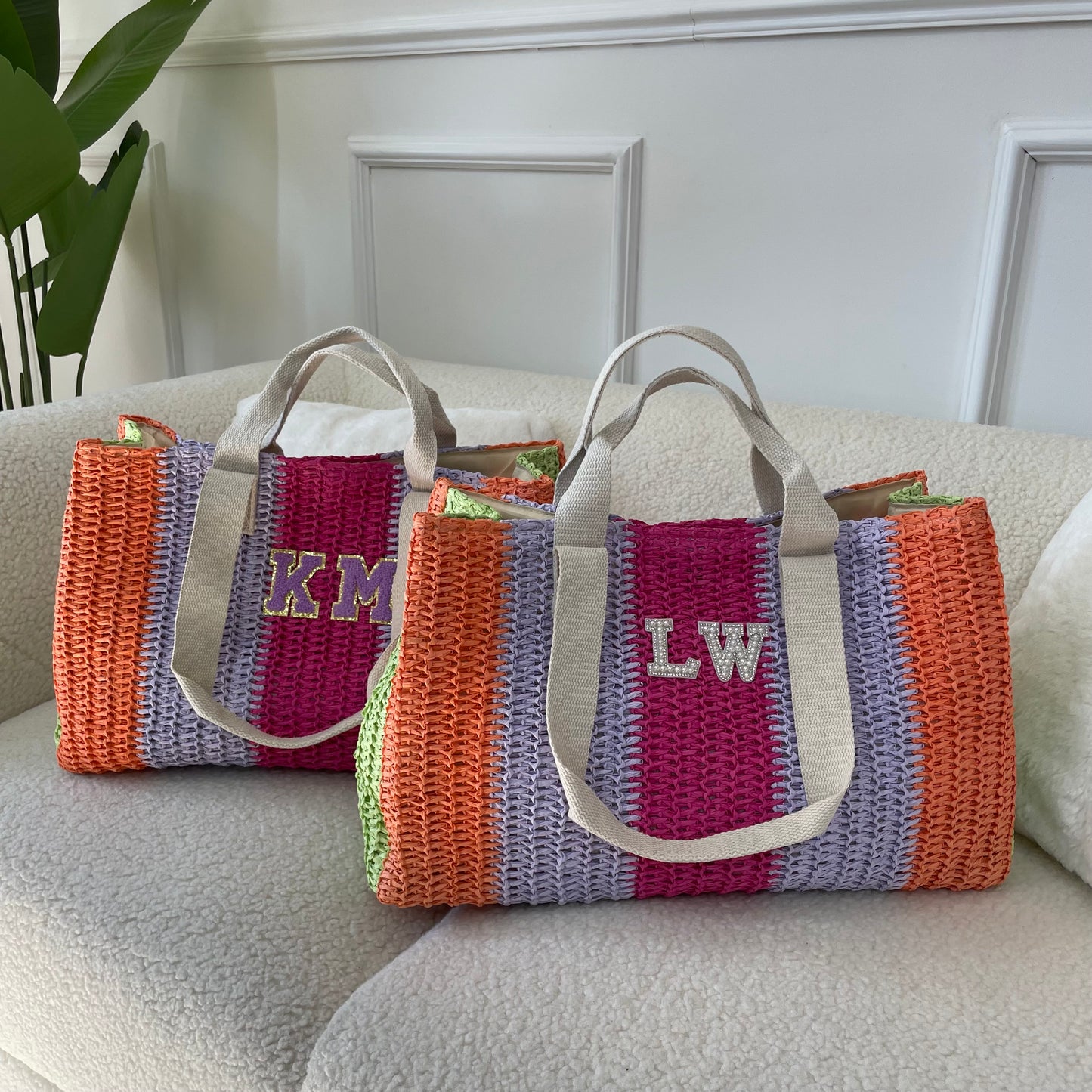 Personalised CONNIE Rainbow Stripe Straw Patch Tote Bag