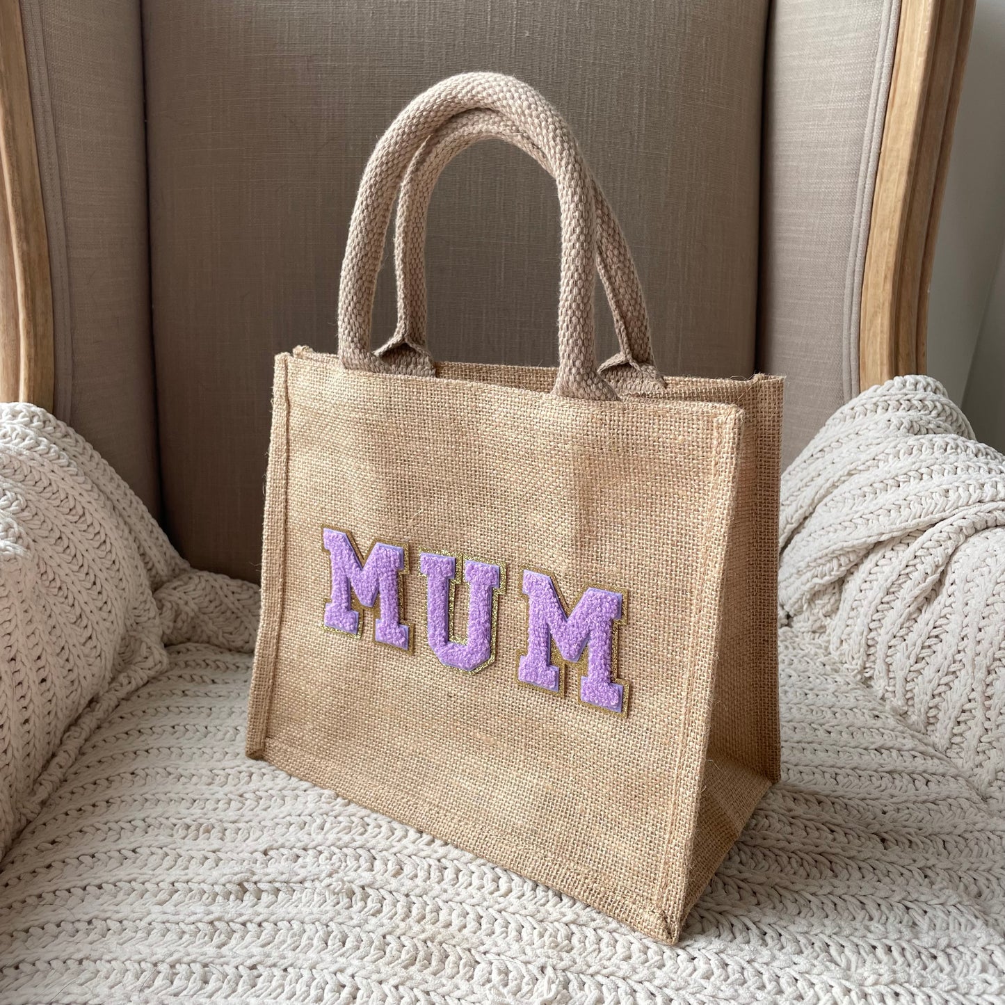Personalised Patch 3 Letters Square Jute Lunch Bridesmaid Top Handle Gift Bag
