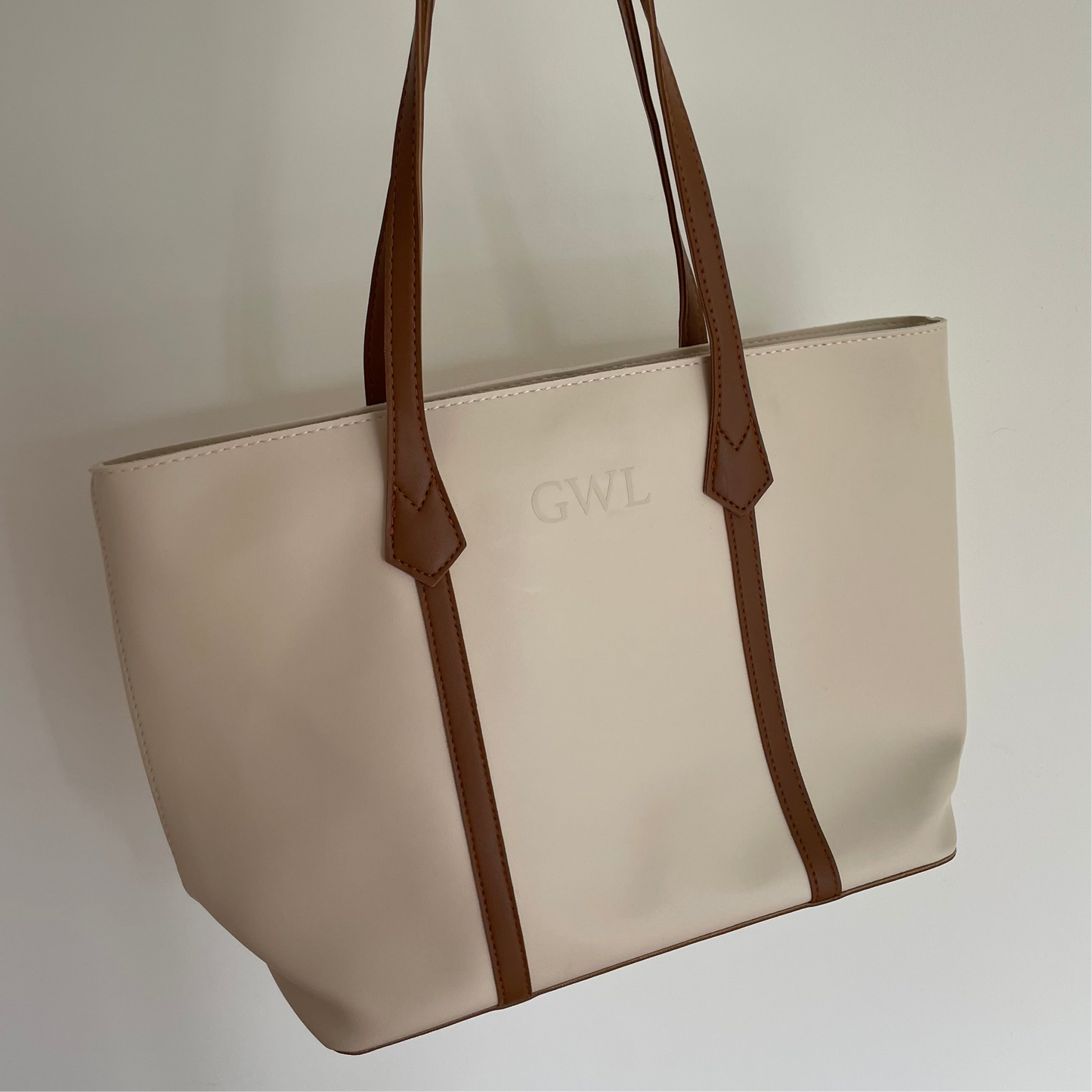 Personalised LAUREN Embossed Zipped Faux Leather Ribbon Tote Bag