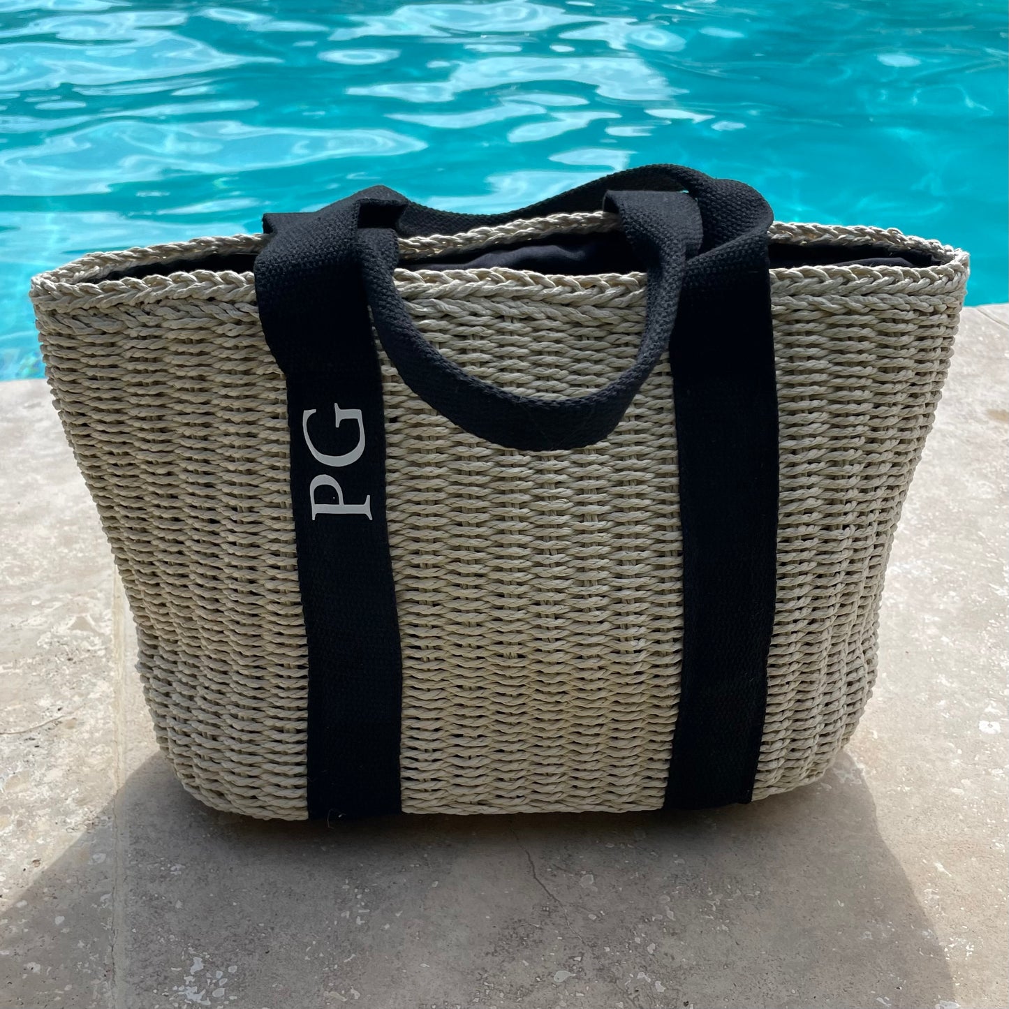 Personalised GRACE Straw Wicker Black Ribbon Drawstring Beach Bag