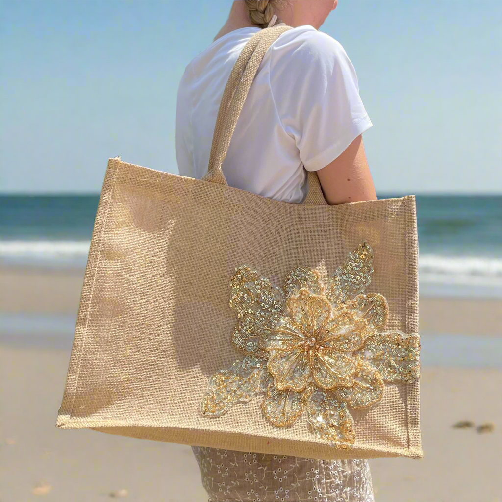 Flower Jute Tote Bag