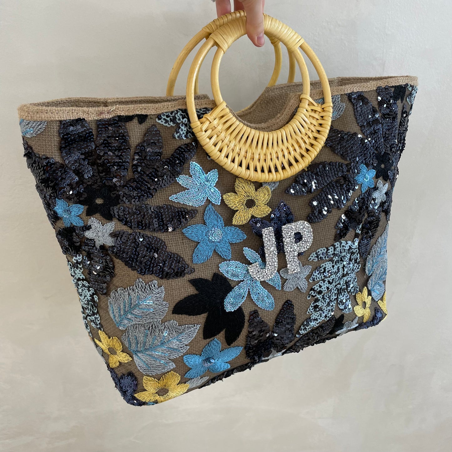 Personalised Sequin Straw Patch Tote Bag