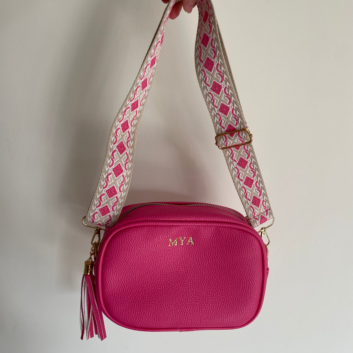 Personalised MAE Embossed Faux Leather Tassel 2 Strap Cross Body Bag