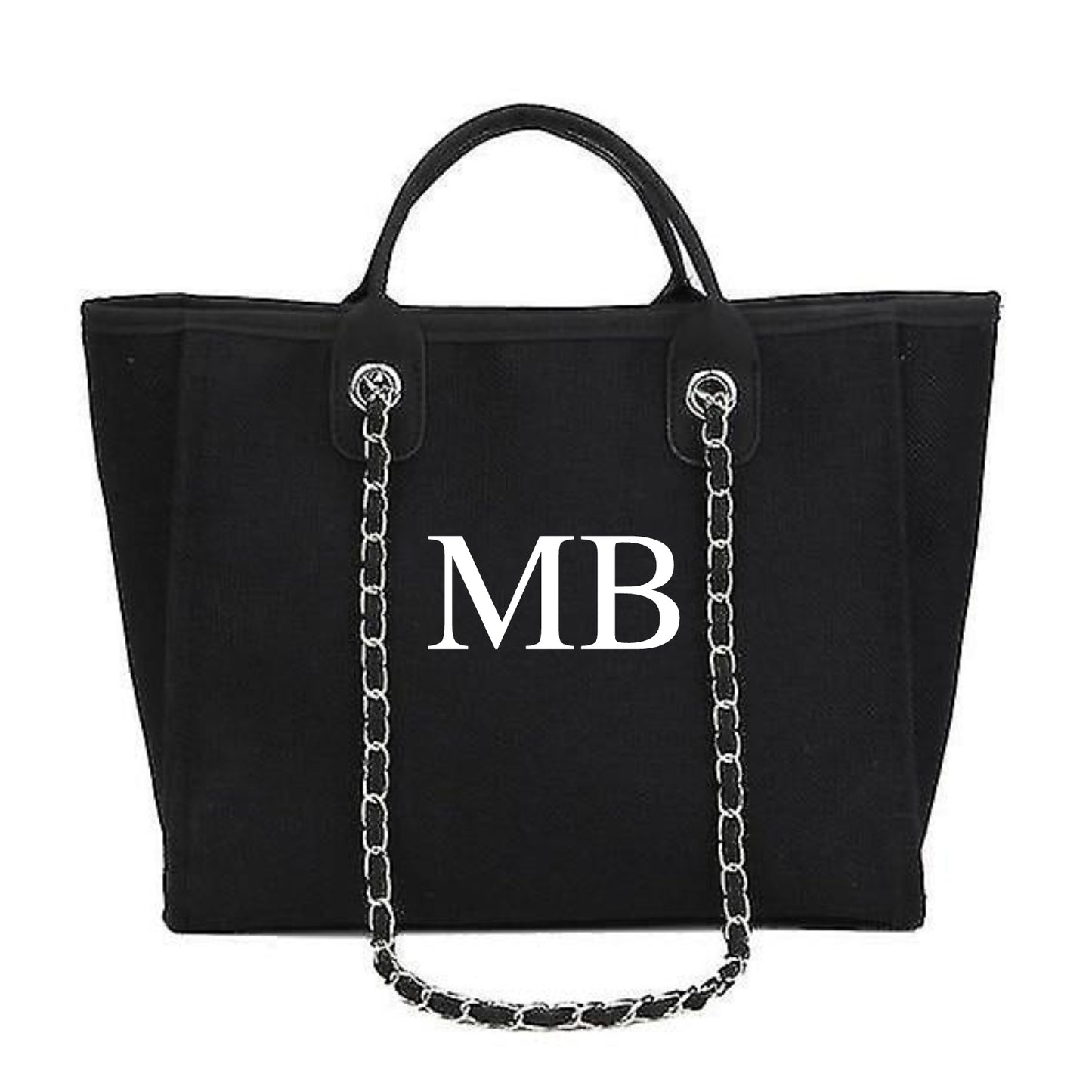 Personalised Plain Black Large Chain Initial Tote Bags