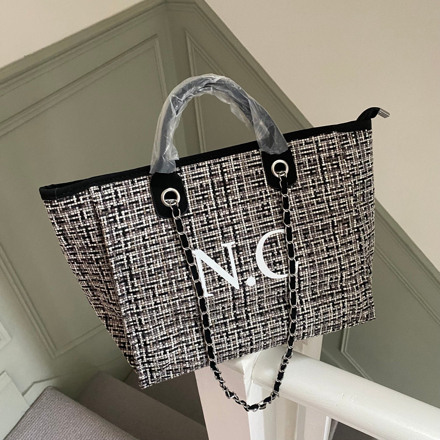 Personalised Black Tweed Large Chain Initial Tote Bags