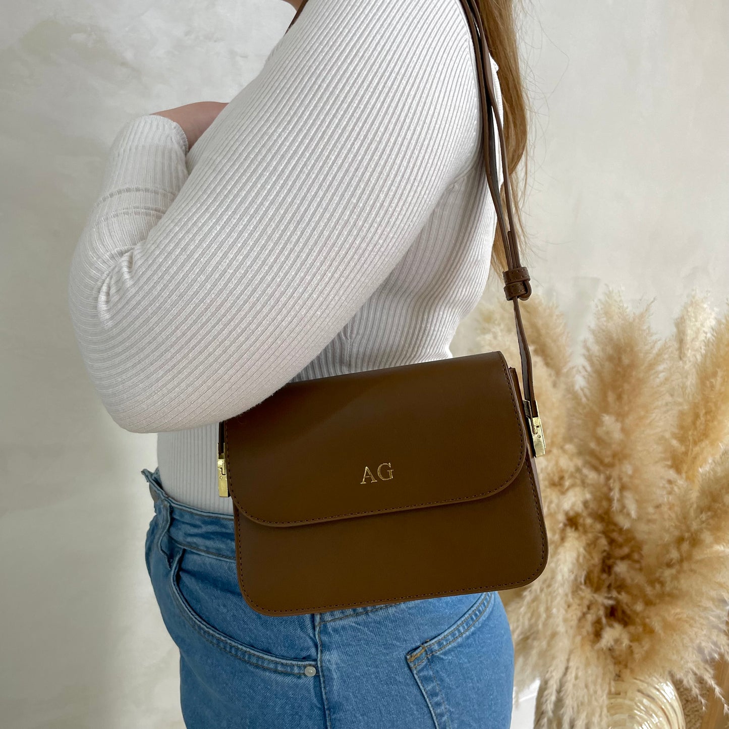 Personalised CORA brown faux leather cross body bag | Cloth'N'Card