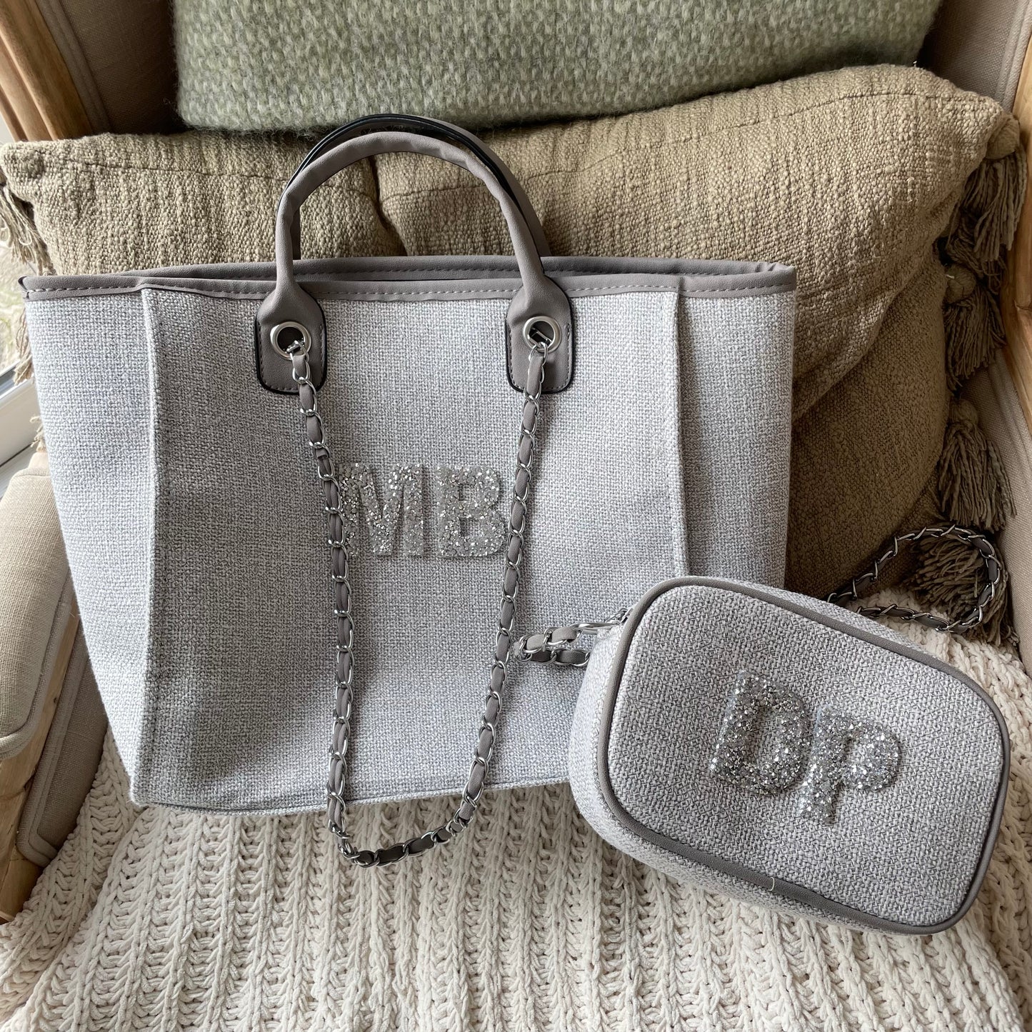 Personalised Crystal Canvas Chain Strap Cross Body Bag