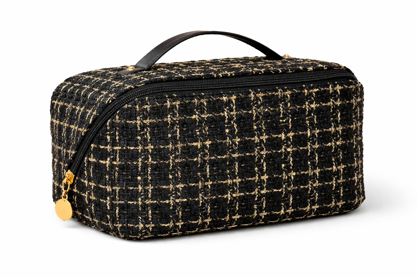 Black tweed flat lay makeup bag