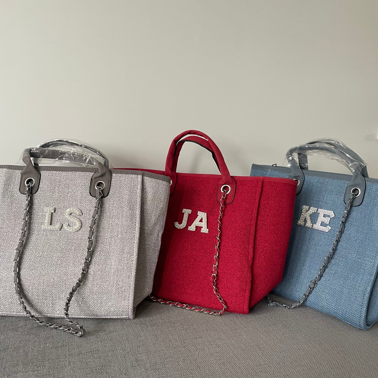 Personalised White Pearl Patch Chain Large Initial Tote Bags