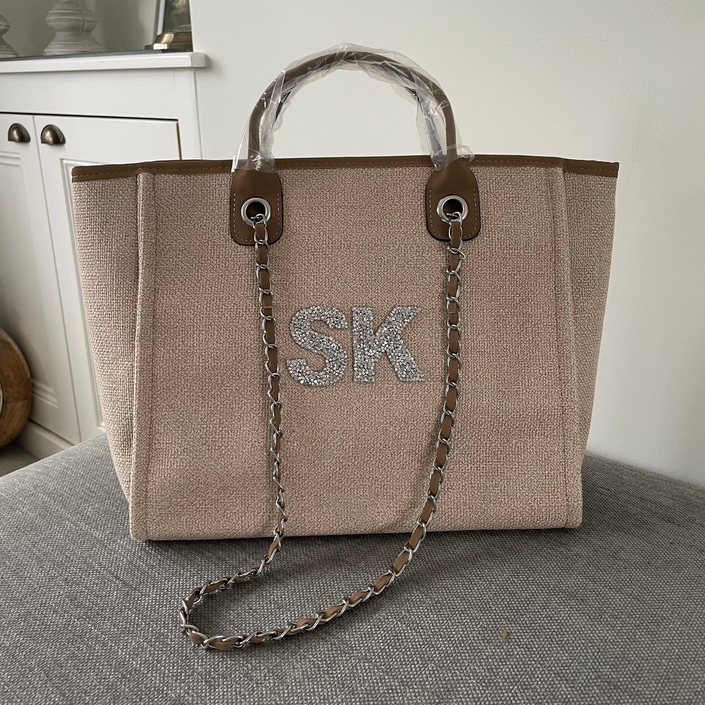 Personalised Silver Crystal Large Initial Chain Tote Bags