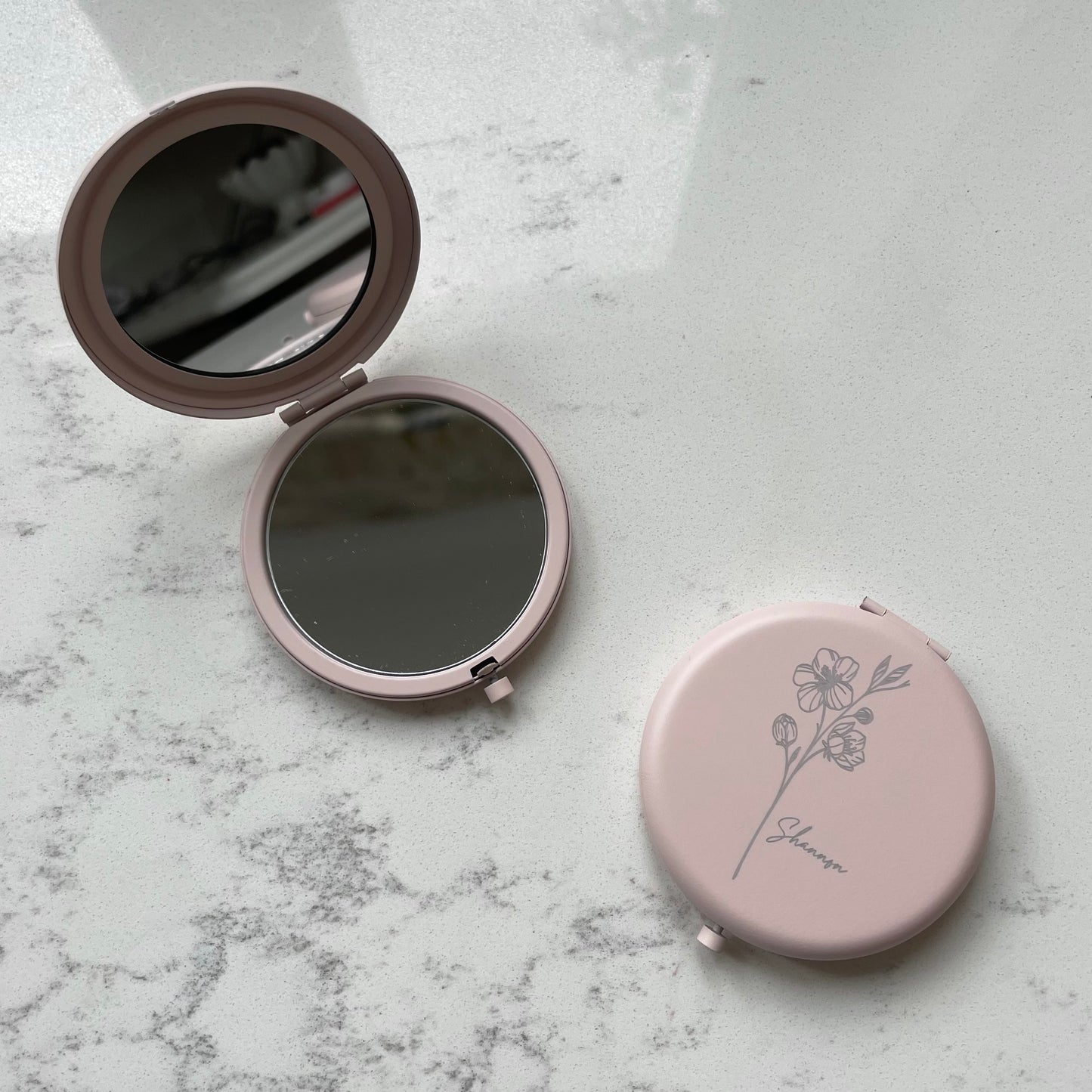 Personalised Engraved Pink Flower Pocket Mirror