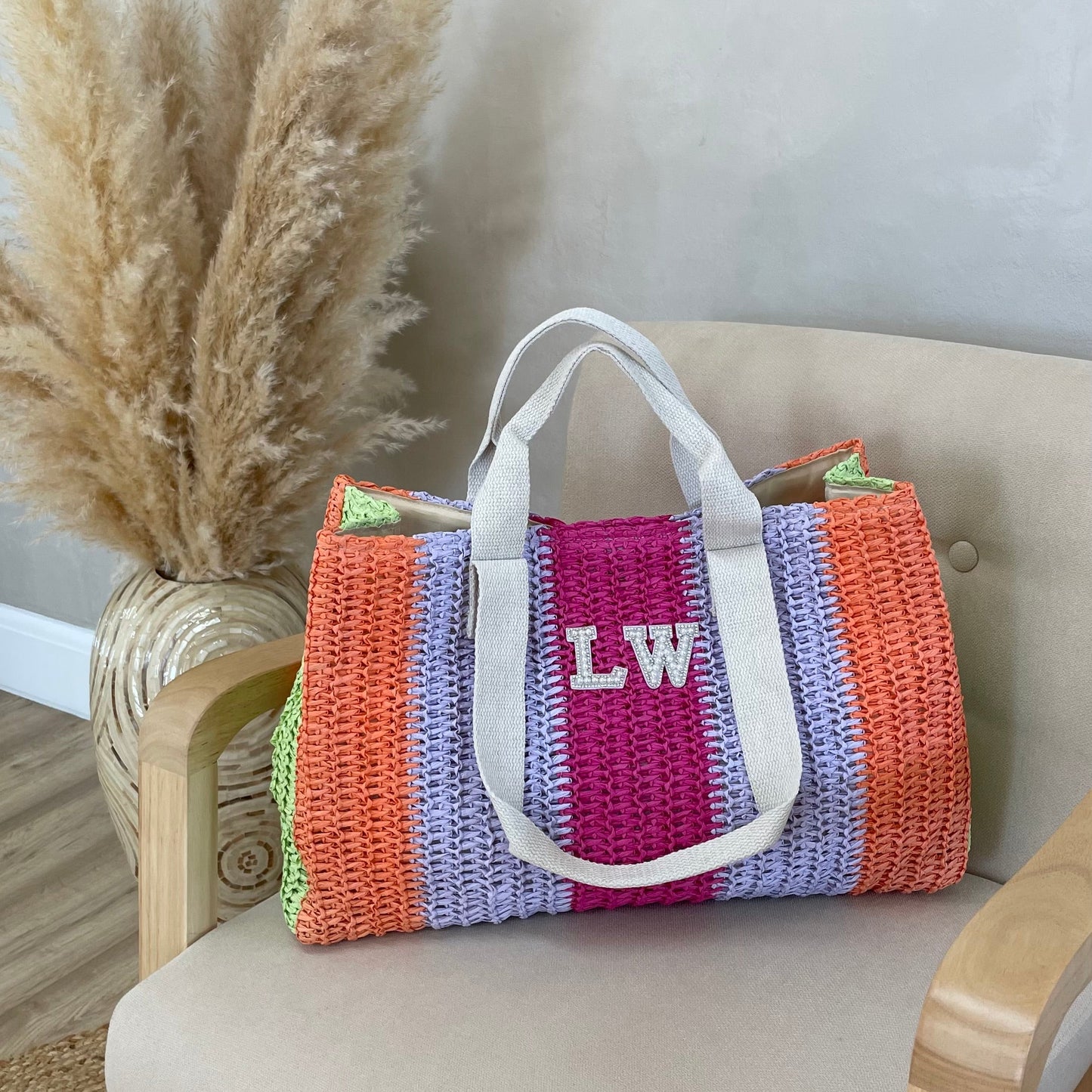 Personalised CONNIE Rainbow Stripe Straw Patch Tote Bag