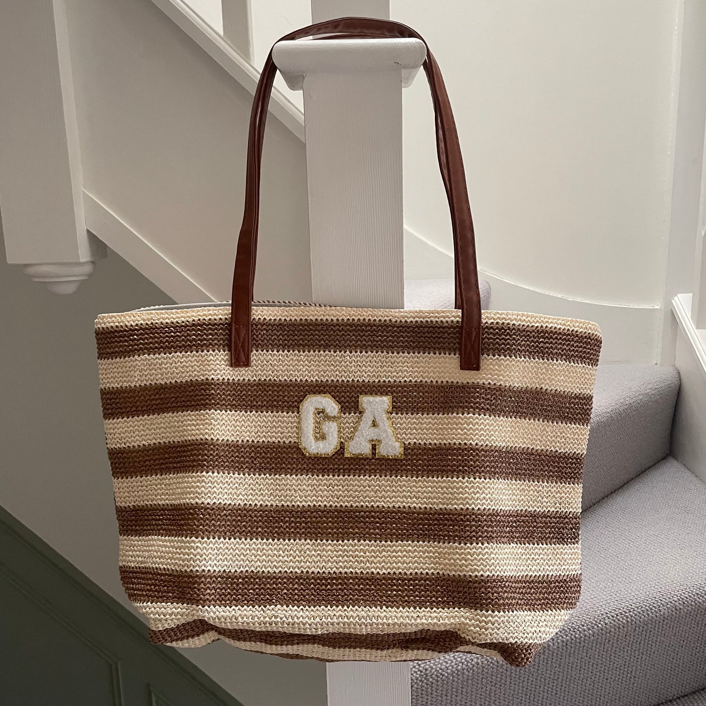 Personalised Patch Beige Brown Stripe Zip Tote Beach Bag