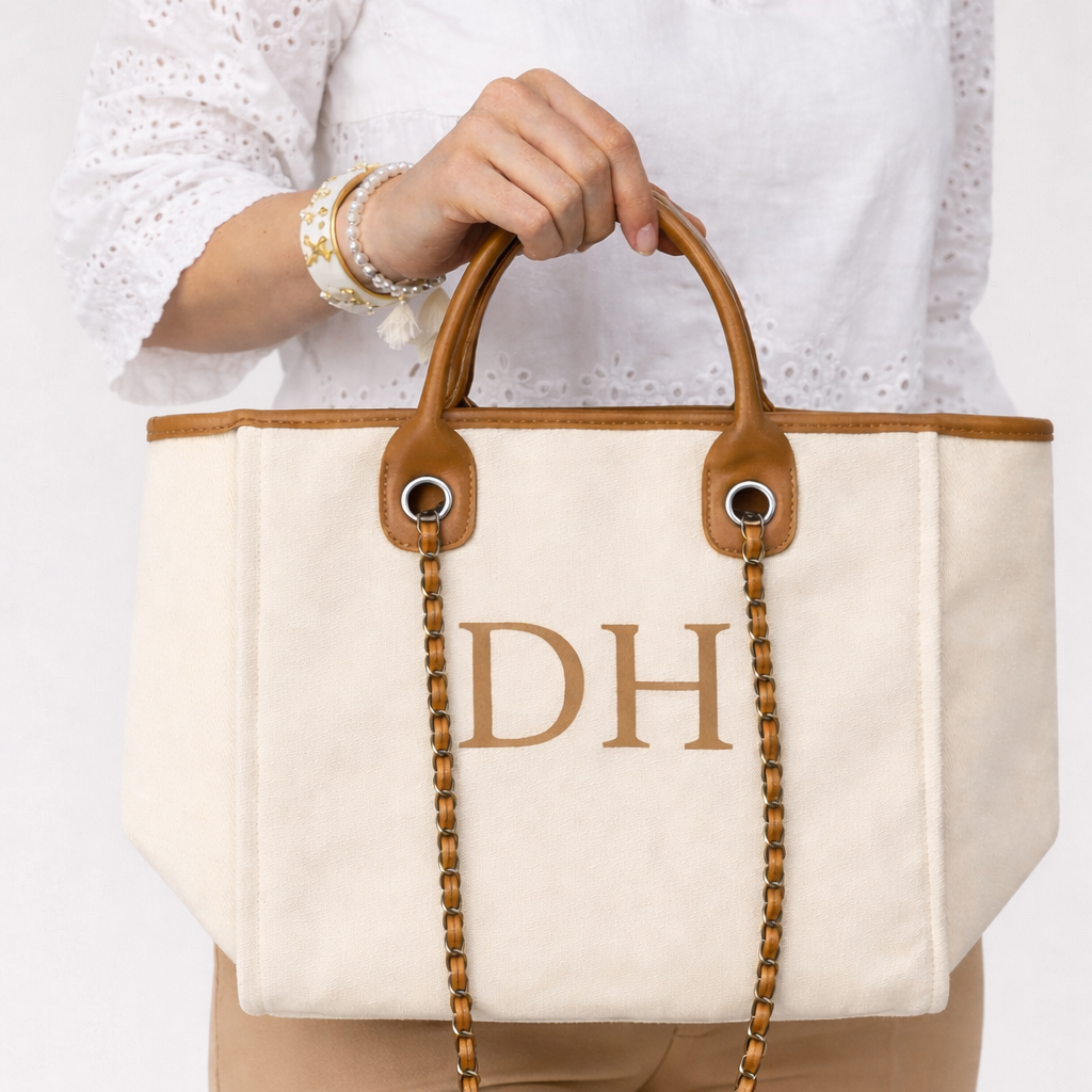 Personalised Cream & Tan Large Chain Initial Tote Bag