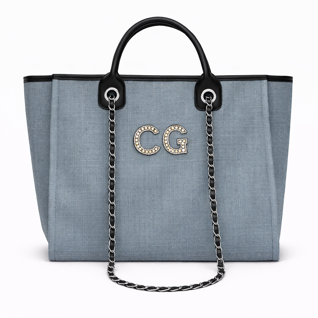 Personalised Silver Black Pearl Patch Chain Large Initial Tote Bags